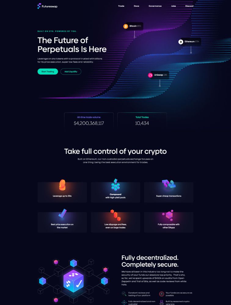 the image is a screenshot of the futureswap website, which is a decentralized crypto exchange. the website is promoting its services and features, including the ability to trade perpetuals with leverage, compound with highyield pools, and experience low slippage and fees. the website also highlights its security features, emphasizing that it is fully decentralized and secure. the image uses a colorful and modern design with a focus on visual appeal, highlighting the key elements of the website. the image also includes icons for bitcoin, ethereum, and other cryptocurrencies.