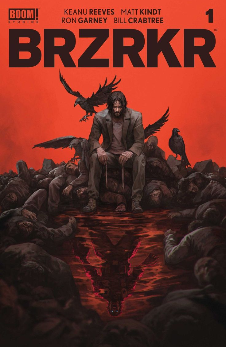 the cover of the first issue of the comic book brzrkr. the cover features keanu reeves as the main character, a warrior with superhuman strength and endurance. he is sitting on a pile of dead bodies, with a pool of blood beneath him. there are ravens and crows in the background, and the title of the comic book is written in large, bold letters across the top of the image. the cover is dark and gritty, with a sense of violence and danger.