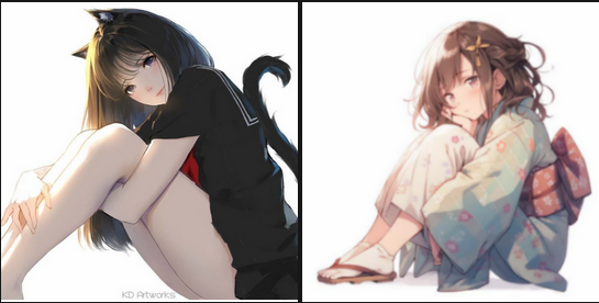 the image displays two animestyle illustrations of girls. on the left, a girl with cat ears and a tail wears a black outfit and sits with a melancholic expression. on the right, another girl in a light blue and pink floral kimono sits in a similar pose, also appearing downcast. both figures are rendered with a soft, delicate art style.