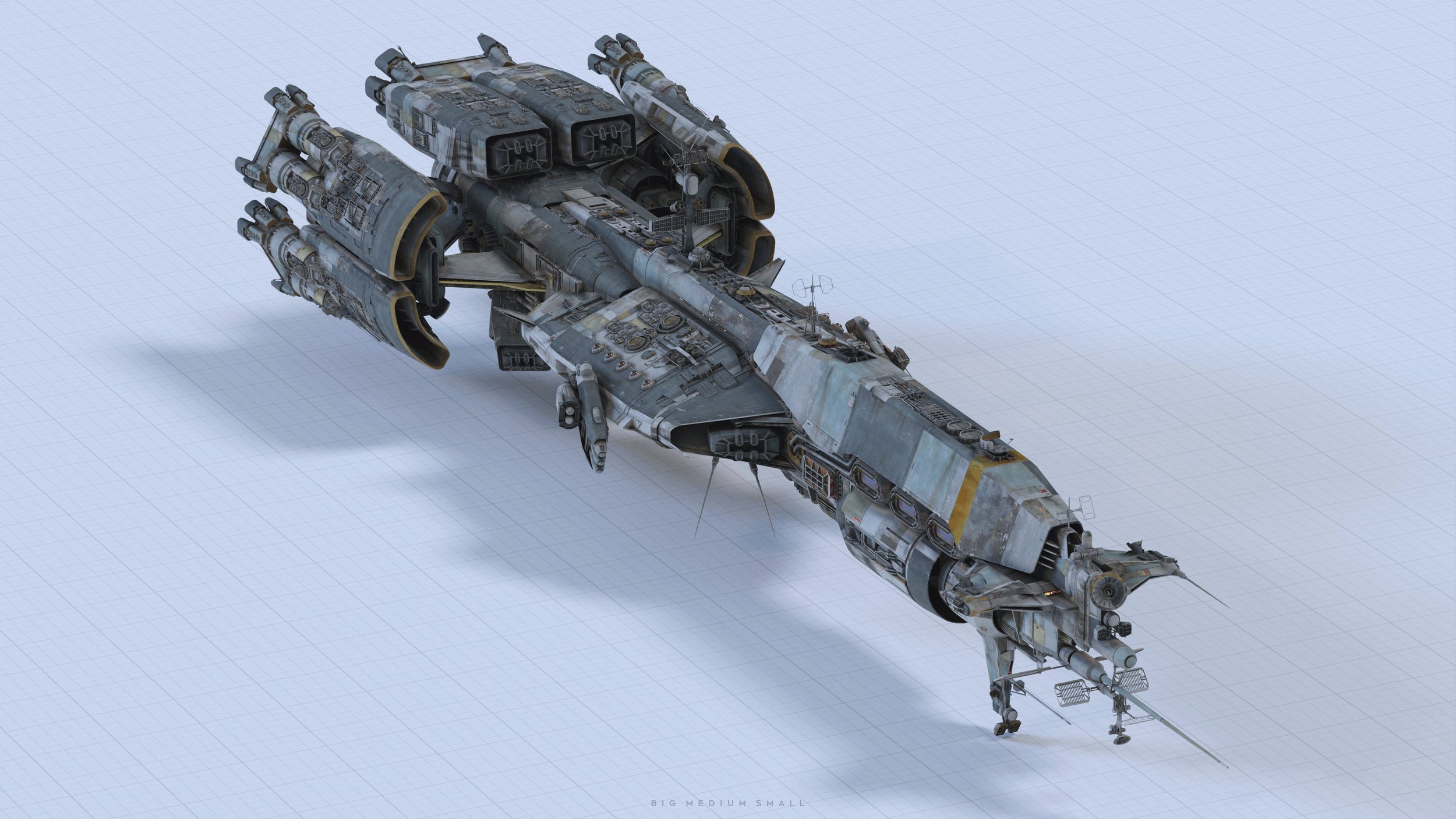 a detailed 3d render of a large, futuristic spaceship against a white gridded background. the spaceship is gray and blue with yellow accents, showing signs of wear and tear. it's depicted from a slightly elevated angle, showcasing its size and intricate details, including multiple engines and thrusters. the image looks like a digital illustration or concept art piece.