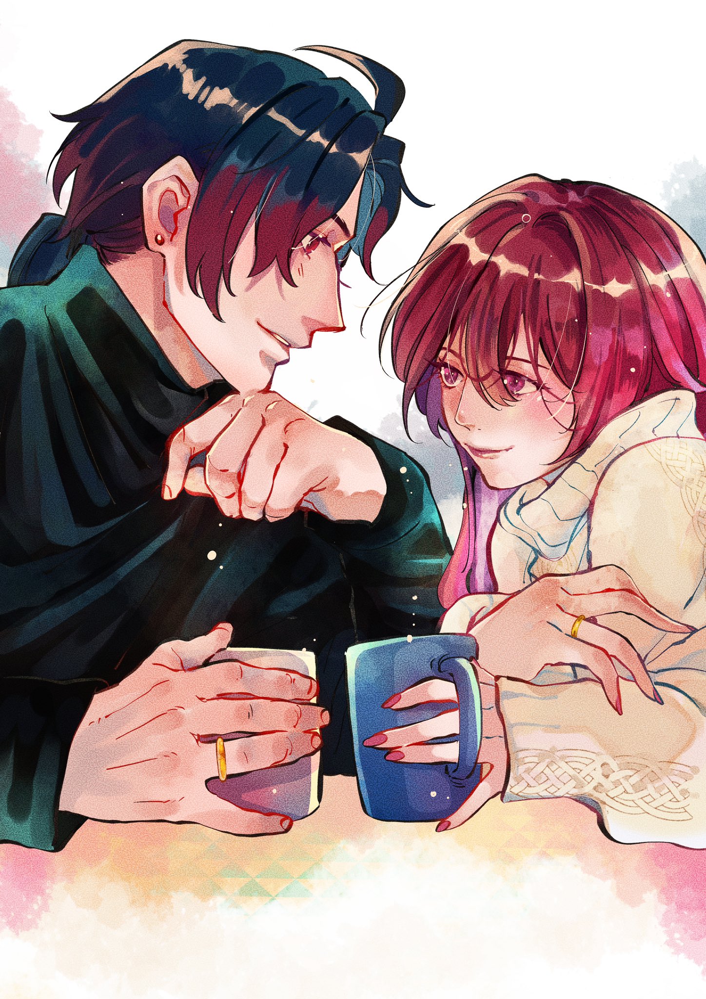 the image is a digital illustration of an anime couple. the male character is wearing a green jacket and has blue hair, while the female character has pink hair and is wearing a white sweater. they are both sitting at a table with mugs of coffee, looking at each other and smiling. there are some sparkling lights around them, which suggests that it is a romantic moment. the image is set in a cozy cafe and the atmosphere is warm and inviting. the overall tone of the image is one of love and happiness.