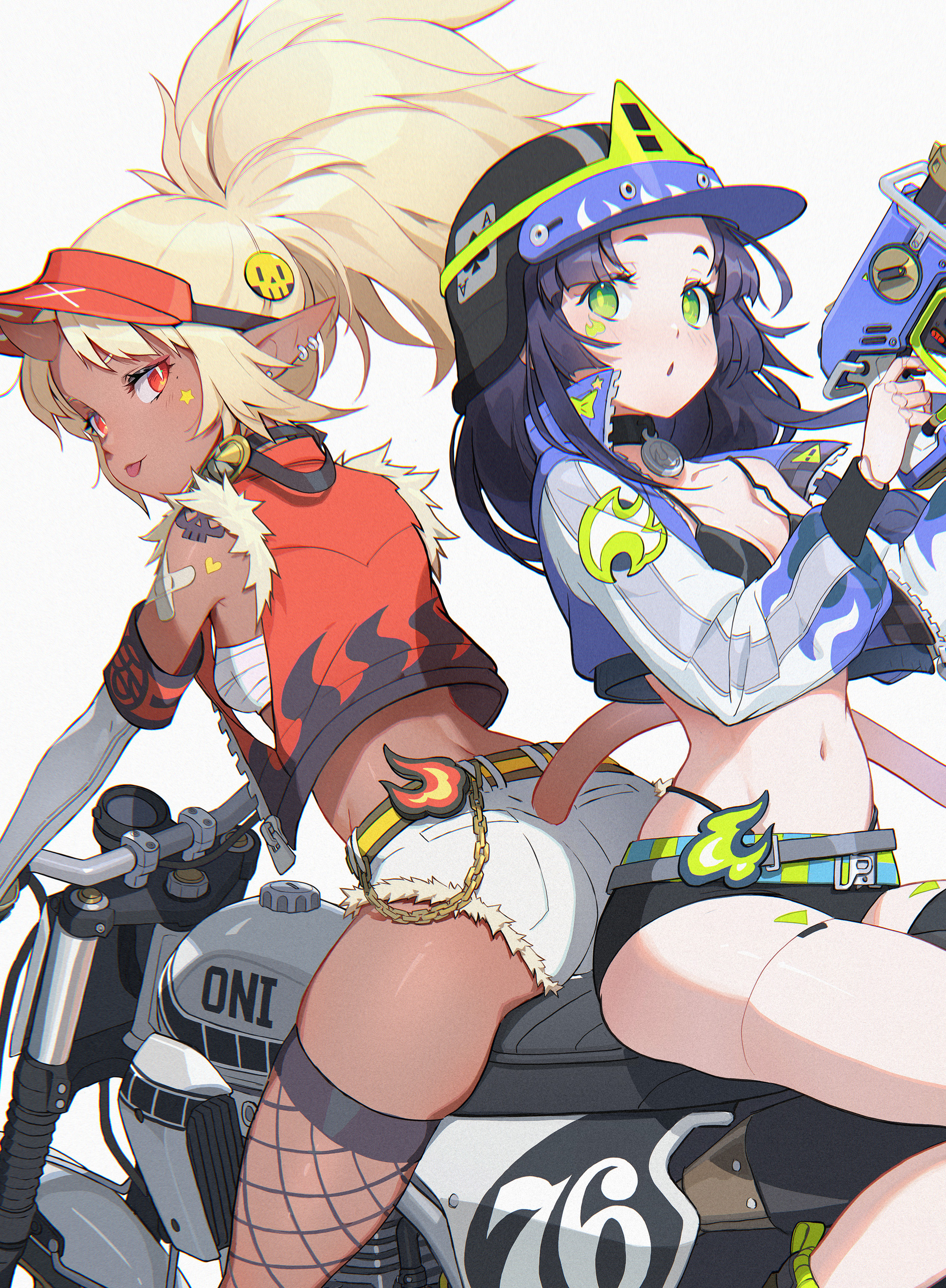 two animestyle women are sitting on a motorcycle. the woman on the left has dark skin, blonde hair, cat ears, and a red jacket. the woman on the right has black hair, green eyes, cat ears, and a white jacket. both are wearing shorts, and one is wearing fishnet stockings. there is a weapon, and both are wearing belts with a flame design. the motorcycle has the word "oni" on it and the number "765".