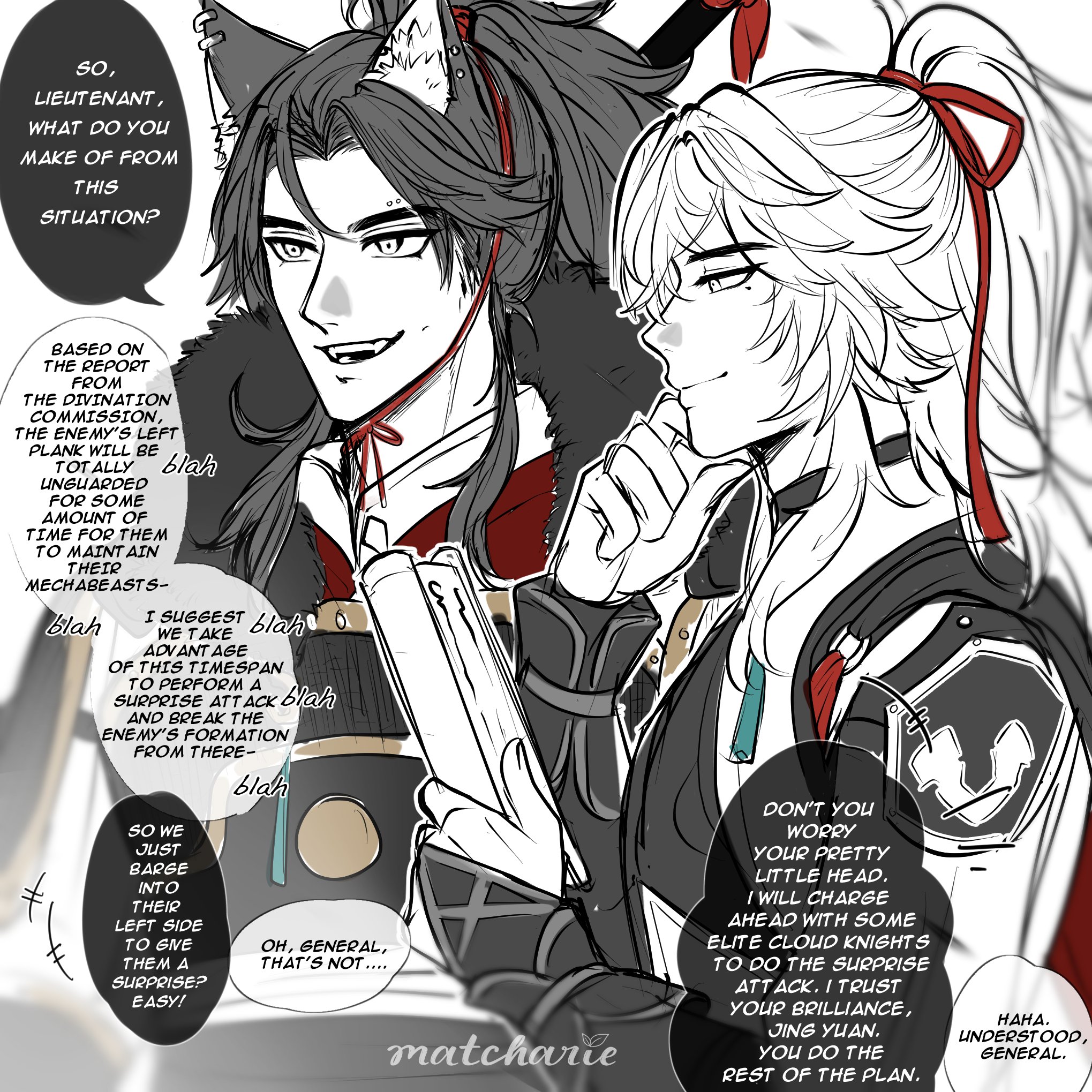 a comic strip of two characters, xiao and albedo from the game genshin impact, are having a conversation about a strategy to attack an enemy army. they are planning a surprise attack with albedo leading the charge. the art style is in the style of anime and manga.  the characters are drawn with detailed features and expressive eyes. the comic is full of dialogue, revealing the characters' personalities and plans.  the overall tone of the comic is serious and strategic.