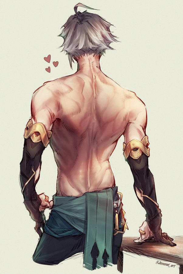 the image is a digital drawing of a muscular male character's back. the character has grey hair tied up in a ponytail,  is shirtless, and wears teal pants with a sash and gold and black arm guards. the artwork is in a stylized anime/manga style with shading and details focusing on the musculature of the back. three small hearts are shown near the character's head, suggesting a feeling of affection or adoration. the character's pose is relaxed, yet the image holds a dynamic feeling through the body's form and the implied movement in the character's stance. the artist's signature is subtly placed in the corner.