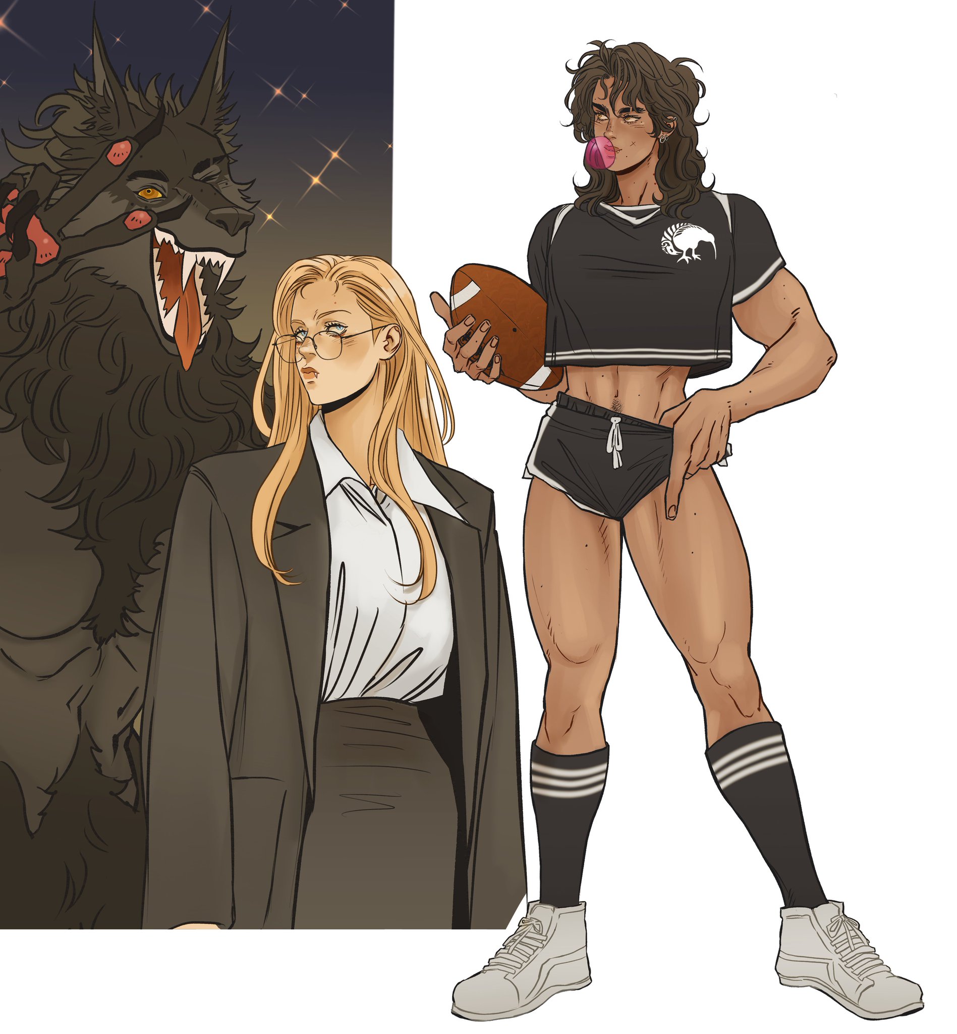 the image shows an illustration of three people: a blonde woman in a suit and glasses, a darkskinned woman with bubblegum and holding a rugby ball while wearing a new zealand jersey, and a werewolf. the blonde woman is on the left side of the image, the werewolf is behind her, and the darkskinned woman is on the right side of the image. the darkskinned woman is wearing a black crop top with a kiwi bird logo, black shorts with white stripes, and gray hightop sneakers. she is blowing bubblegum. the blonde woman has a closed and serious look on her face. the werewolf has several eyes.