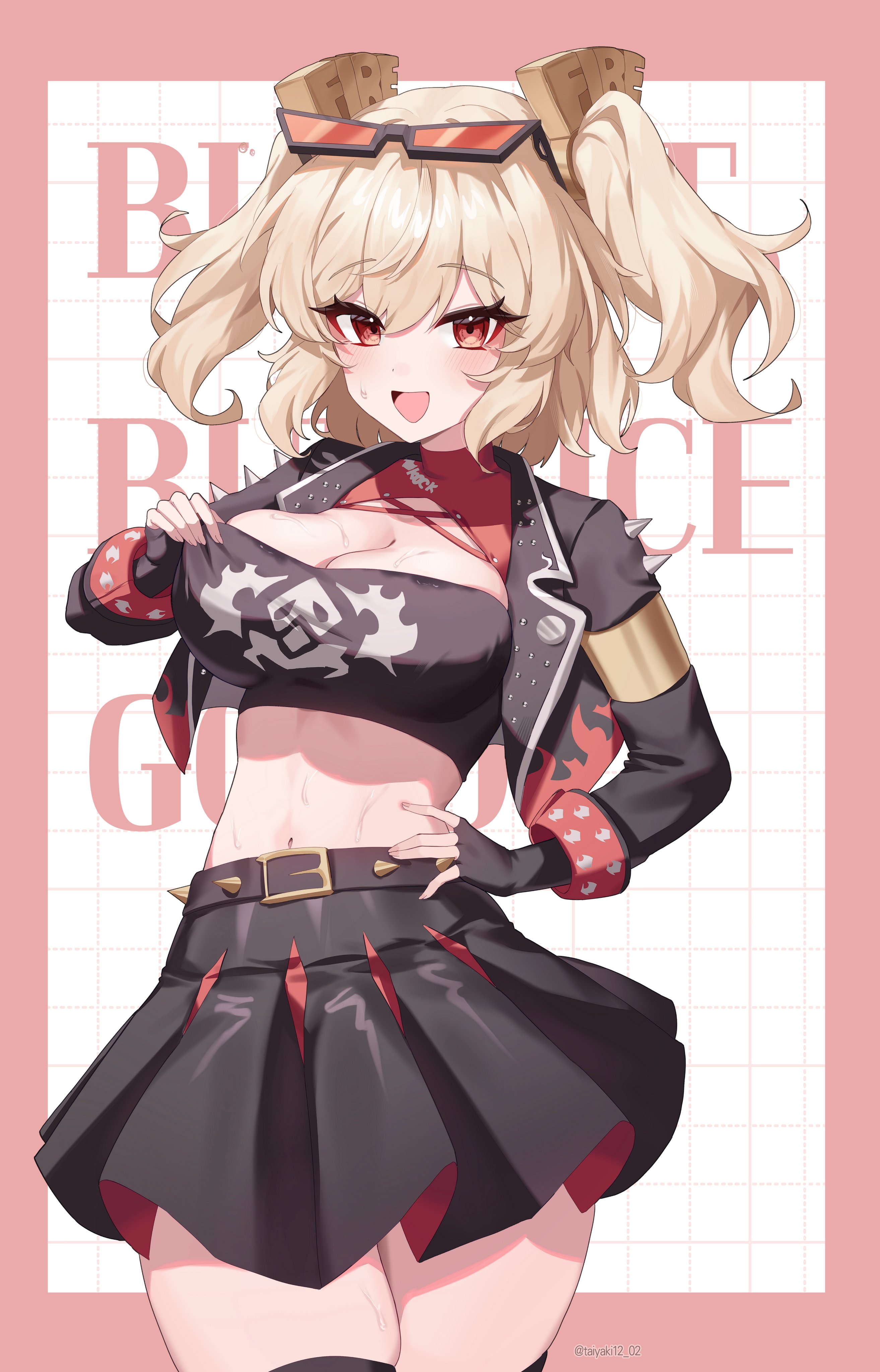 the image is a stylized digital illustration or fanart of a young animestyle girl.  she has blonde hair styled in pigtails, is wearing punkinspired clothing including a black leather jacket with red accents, a crop top, and a short, pleated skirt.  she's also wearing sunglasses and has a confident, slightly provocative pose. the background is a simple, gridded design with the faint text "blackice god" in a pinkish hue. the art style is polished and features vibrant colors and expressive features. the character's design suggests a possible association with a video game or anime, perhaps genshin impact, given the style.
