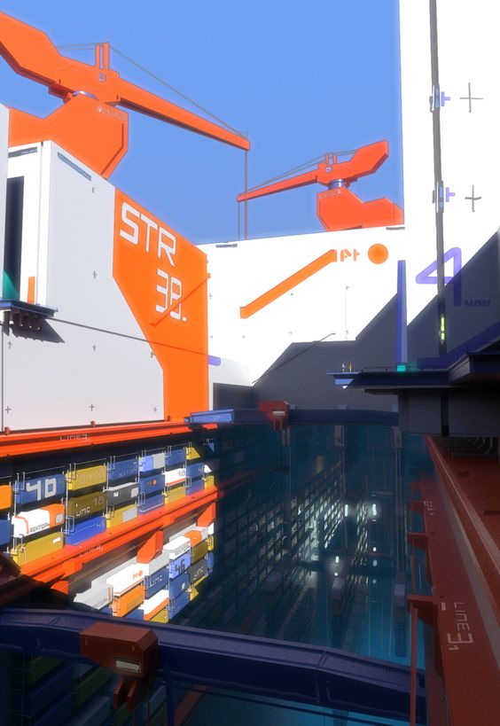 a 3d rendering of a futuristic cityscape with a large dock crane moving containers in a warehouse. the building is made of orange, white, and blue metal, with a sky backdrop and a deep pool of water. the scene is set against a backdrop of more futuristic buildings.