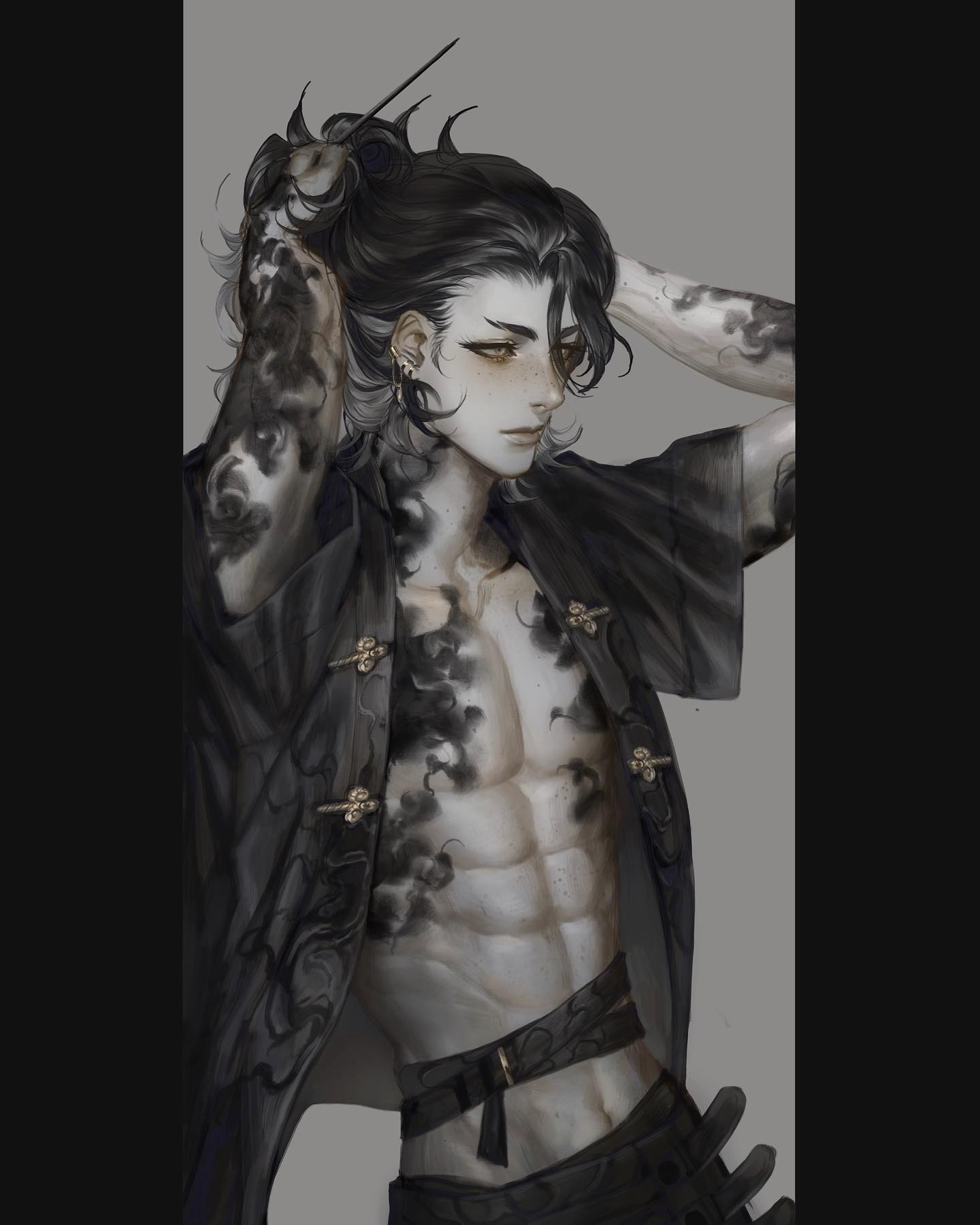 a digital painting of a young man with flowing black hair, partially pulled back. he's shirtless, revealing a toned physique and intricate black tattoos that resemble smoke or flames, swirling across his chest, arms, and back. he's in the process of styling his hair, a contemplative expression on his face. the lighting is soft, highlighting the details of his features and the delicate lines of his tattoos. he's dressed in dark, stylized asian clothing with silver accents.