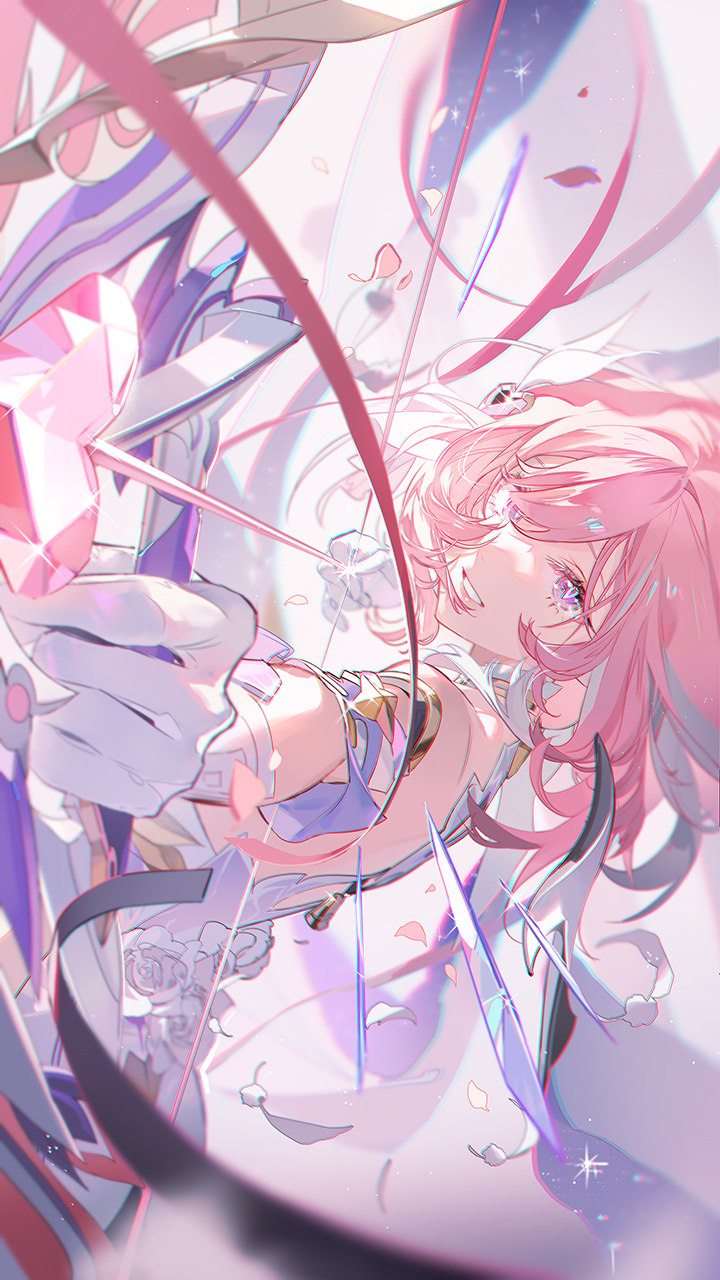 a whimsical animestyle illustration features a girl with pink hair and light purple eyes, surrounded by fantasy elements. she is smiling. the image includes a large gem, flowing ribbons, sharp crystals, and delicate petals.