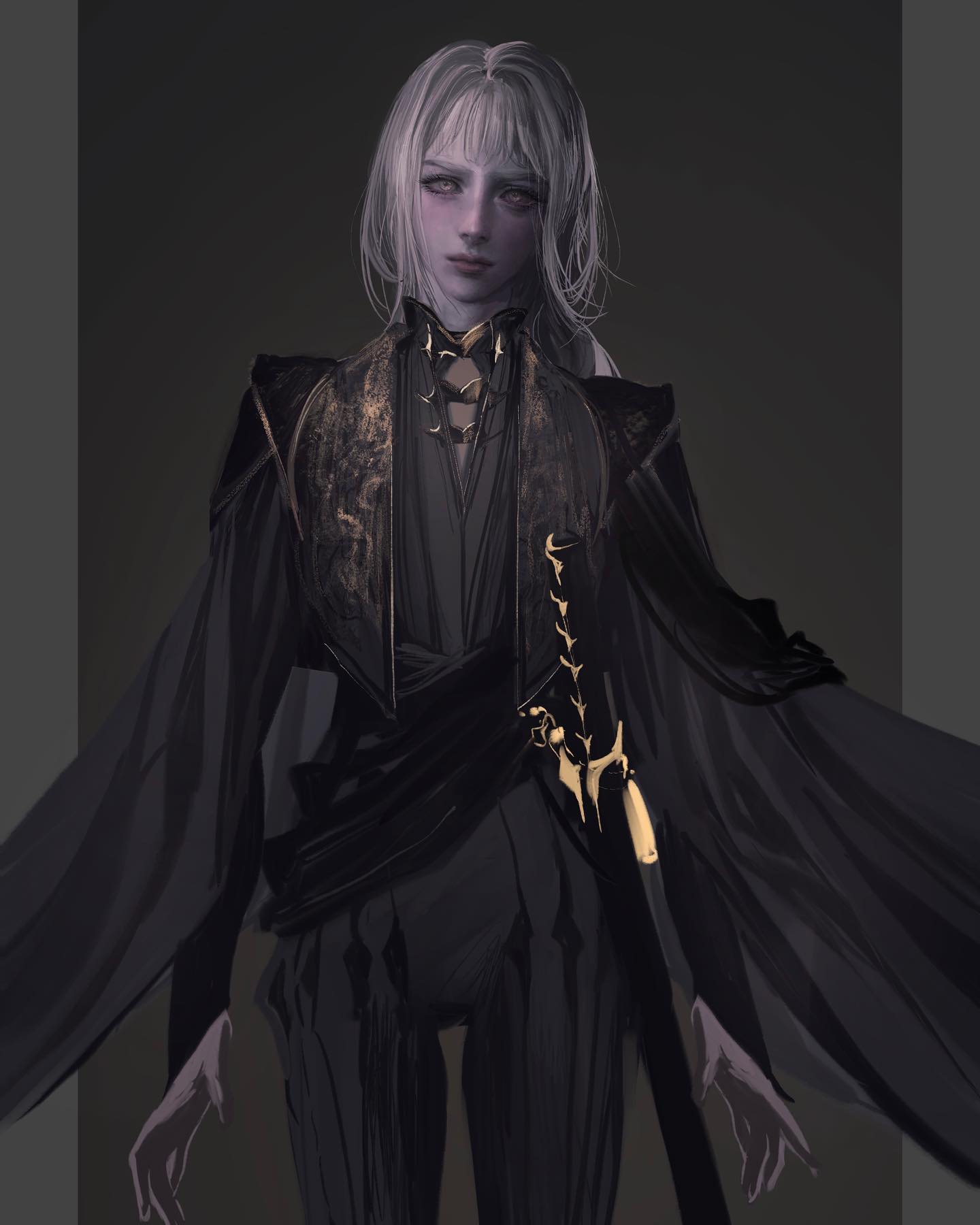 a digitally illustrated portrait of a paleskinned individual with long white hair, clad in an elaborate black and gold fantasy attire. they stand against a dark gray background, their expression neutral. their outfit consists of a long, flowing black robe with a goldaccented breastplate, a dark tunic underneath, and formfitting black pants. a sheathed sword hangs at their hip, its golden hilt partially visible. the overall aesthetic suggests a character from a dark fantasy setting, possibly a warrior or a noble.