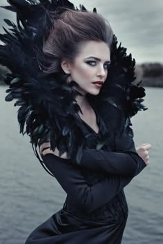 a woman in a black feather dress and long black hair poses with a mysterious look in a dramatic pose. she is standing by a lake, and her gaze is far off. she wears dark, gothinspired makeup and has an alluring and seductive expression.