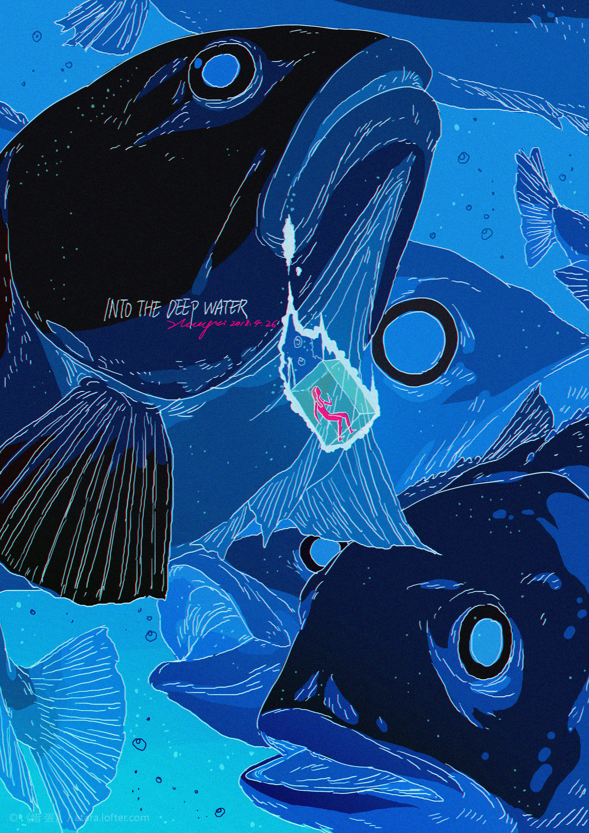 this is an illustration of a person submerged in a blue, deep sea environment surrounded by fish.  the person is in a glass container.  the image is made with dark, bold, blue and purple lines that mimic the look of a fish. the fish have large, circular eyes with a thin, white outline.  the image is framed with light blue lines.