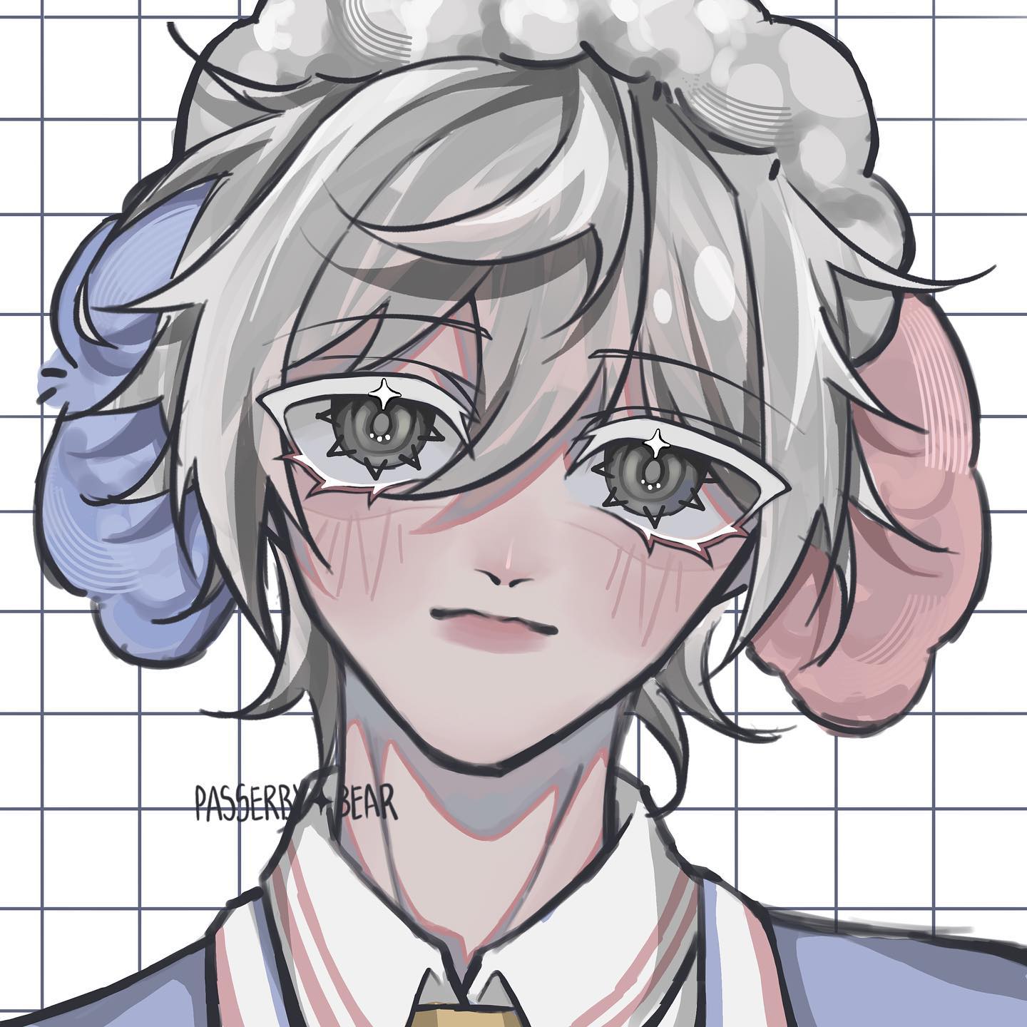 the image is a digital drawing or fanart of an animestyle young man. he has long, fluffy, grey/white hair styled with what appears to be sheeplike ear ornaments attached to the sides of his head. his eyes are large and slightly downturned, conveying a somewhat sad or melancholic expression. his skin has a pale, almost pastel tone, and he's blushing faintly on his cheeks. he's wearing a lightcolored collared shirt or uniform. the art style is soft and delicate, using a mostly pastel color palette with muted grays and pinks. the background is a simple grid pattern.  a watermark or signature, "passerry bear," is visible near his neck. the overall mood is gentle and somewhat wistful.