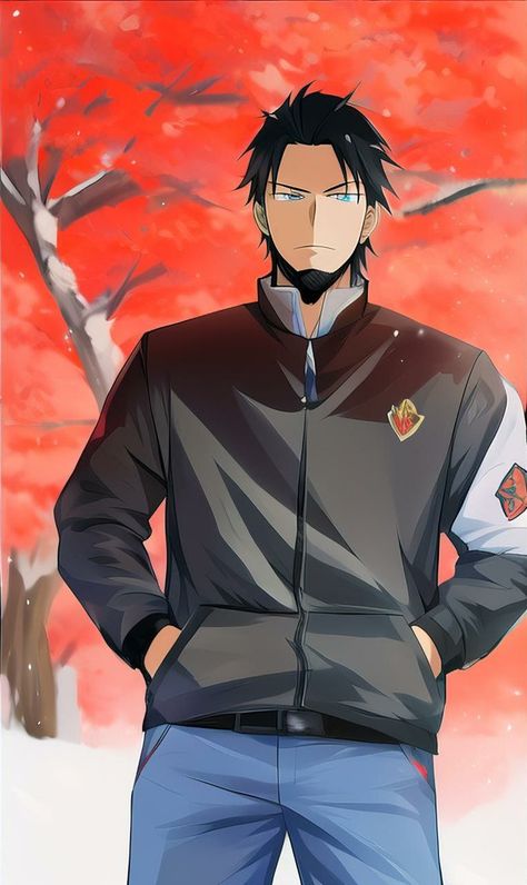 an anime man wearing a black and white jacket and blue jeans stands with his hands in his pockets. he is standing in the snow with red trees in the background.