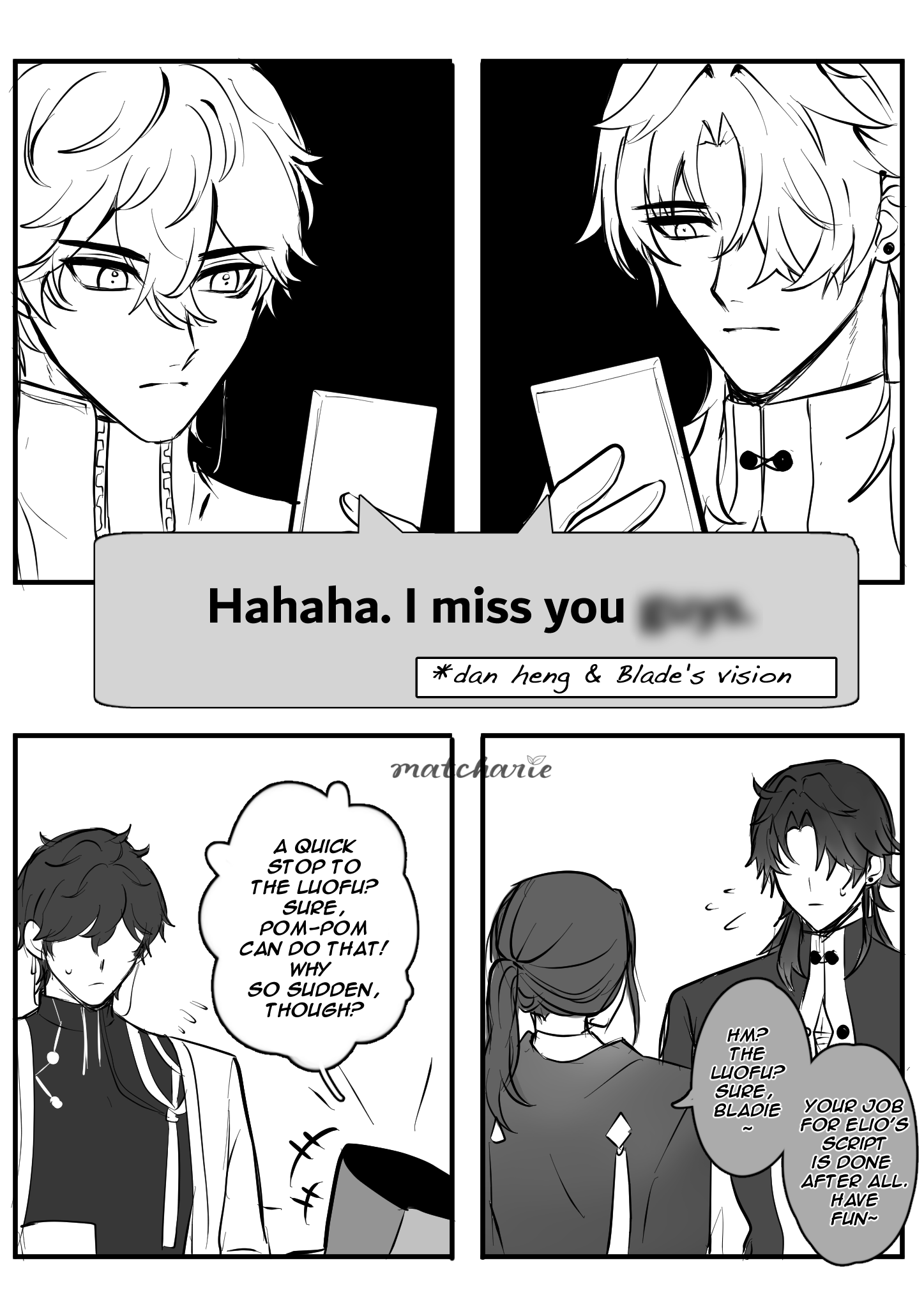 this is a manga/comic strip from "honkai: star rail". it features two panels: the first one shows two male characters, dan heng and blade, talking to each other about missing each other. the second panel features blade and a character named pompom talking about finishing the script and having fun.