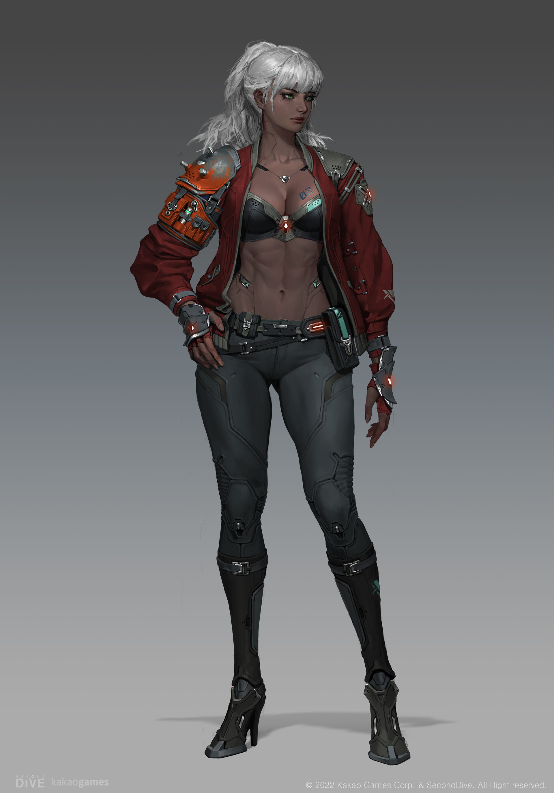 the image is a digital painting showcasing a detailed character design in a cyberpunk style. the character is a young woman with white hair pulled back into a ponytail. she has a muscular build and wears a red jacket with technological elements incorporated into the design, including shoulder pads. her outfit also includes a black bra, dark gray pants with futuristic detailing, and tall, black boots with buckles. she carries a utility belt with various pouches. her expression is confident and her pose is relaxed yet assertive. the overall style of the artwork is highly detailed and realistic,  suggesting it is likely concept art for a video game or similar project.  the background is a simple gray gradient, focusing attention on the character.