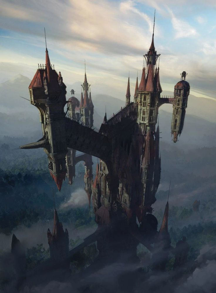 the image depicts a fantastical castle nestled high amidst a mountainous landscape, shrouded in mist and clouds. the castle features multiple spires and towers, connected by bridges, in a medieval style. the scene evokes a surreal and dark fantasy aesthetic.