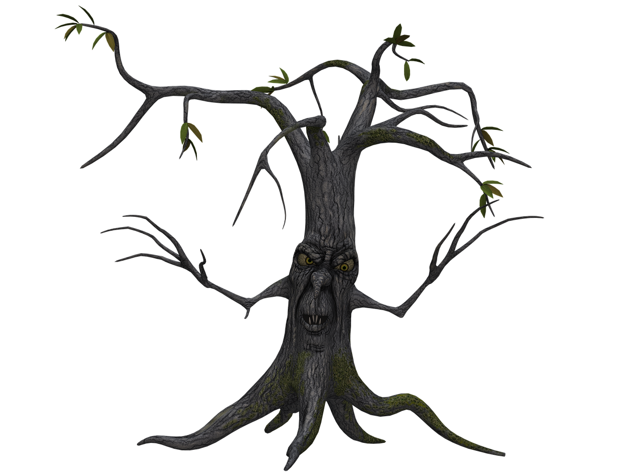 an image of a cartoonish, spooky tree monster with a face carved into its trunk, branches that resemble arms and fingers, and roots that look like legs. the tree has a menacing expression with yellow eyes and a snarling mouth. there are a few green leaves on the branches. the tree is set against a black background.