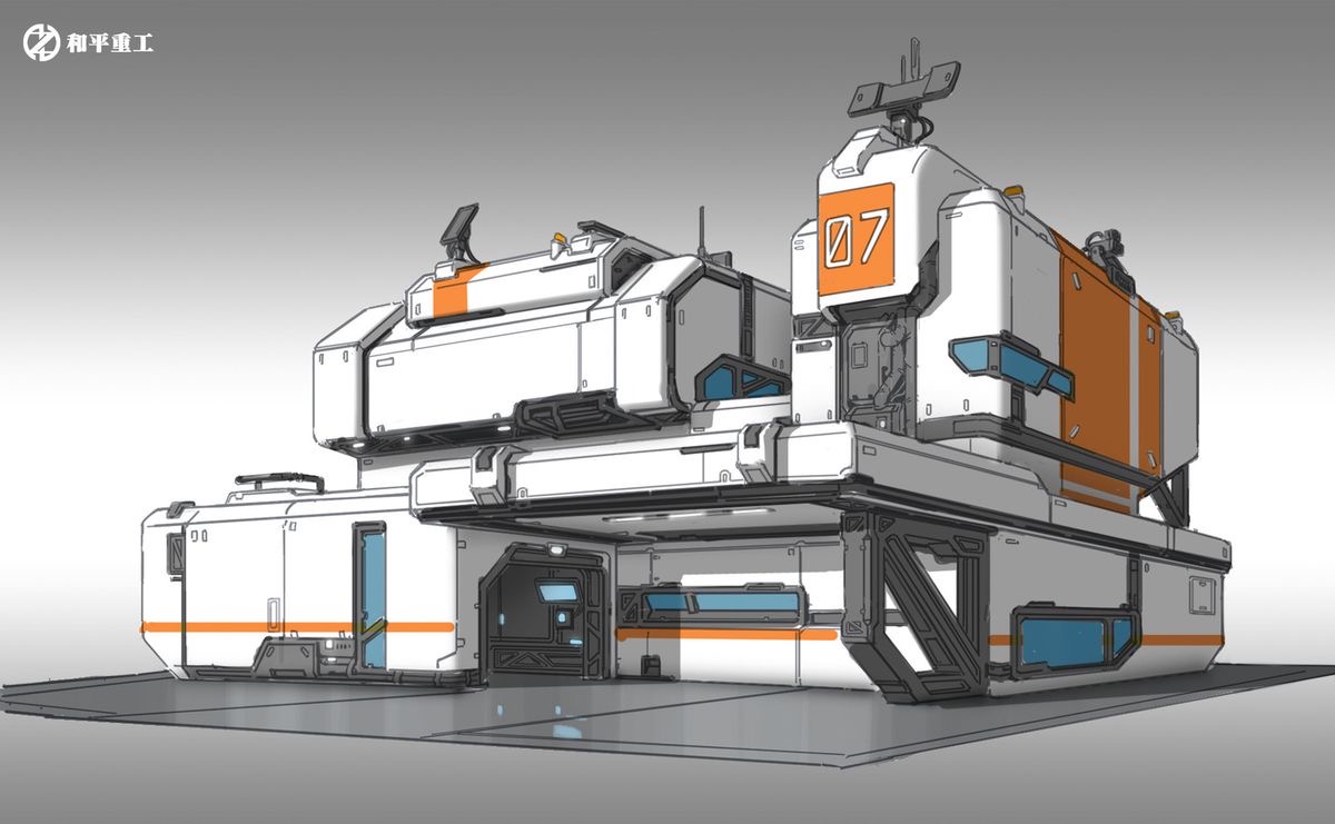 the image depicts a futuristic, modular building with a white and orange color scheme. it has a large garage door on the ground level and multiple levels with various windows and antennas. the overall design suggests a functional, industrial purpose, possibly related to spacecraft maintenance or logistics.