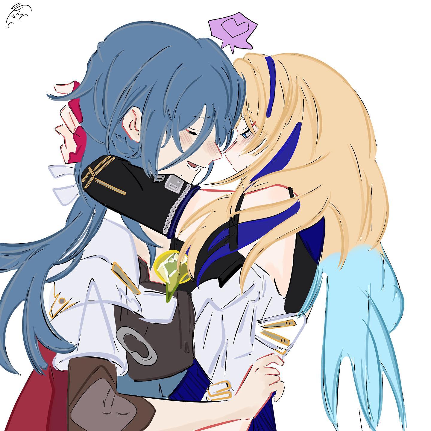 the image shows two anime girls hugging each other. the girl on the left has blue hair and is wearing a black and blue outfit. the girl on the right has blonde hair and is wearing a white dress with blue wings. they are both smiling and look happy. the image is very romantic and cute.