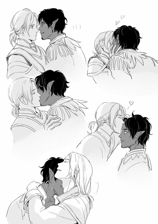 the image is a drawing of a male couple in love. there are multiple images of the same couple kissing and being romantic. one man has black hair and elf ears, and the other has blonde hair.