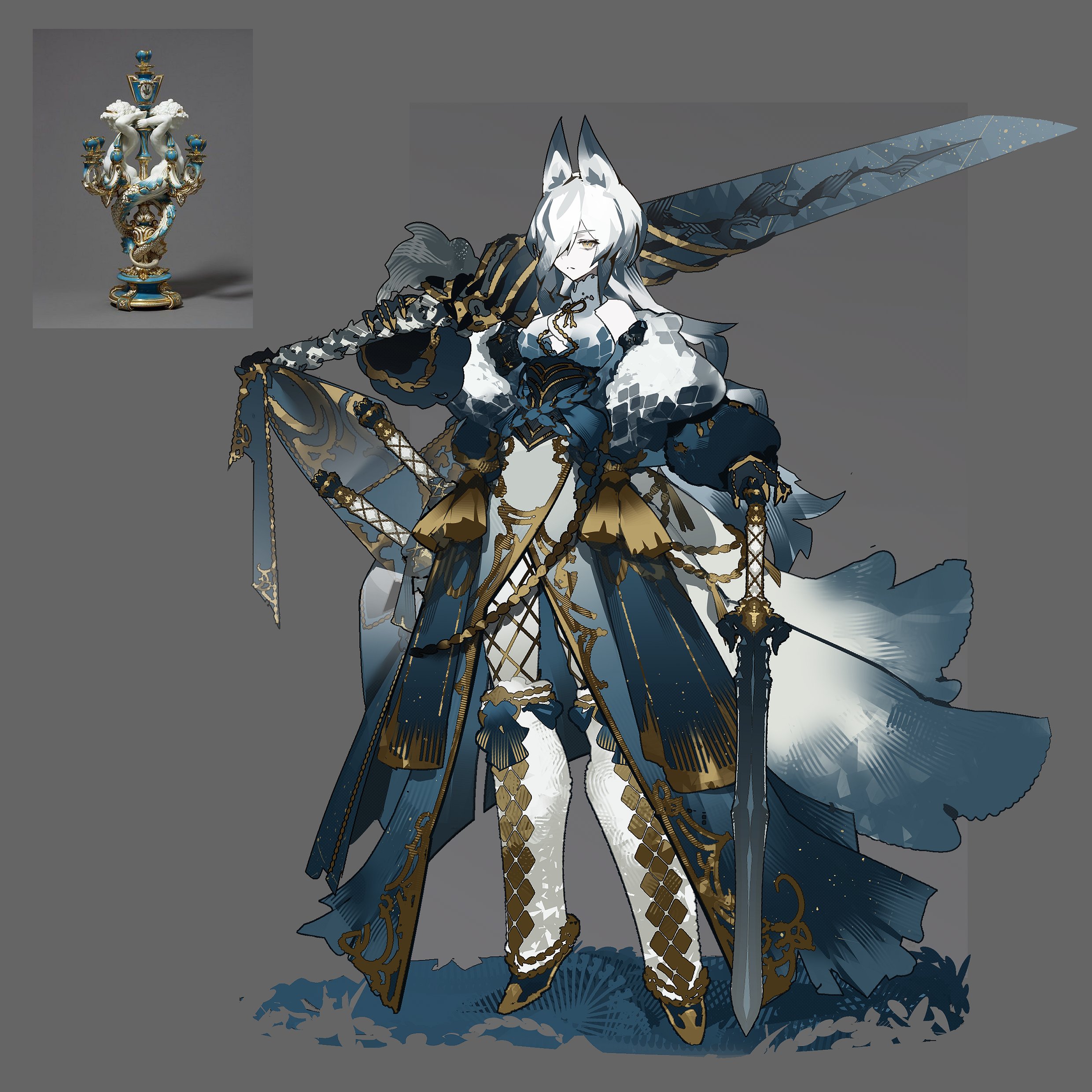 digital illustration showcasing a character design concept for a fox girl warrior. the character has white hair, fox ears, and wears elaborate blue and gold armor with a large sword strapped to her back. the art style is reminiscent of fantasy illustrations, with a focus on intricate details and dynamic posing. a small reference image of an ornate candlestick in blue and white is positioned in the top left corner, possibly serving as inspiration for the character's design.