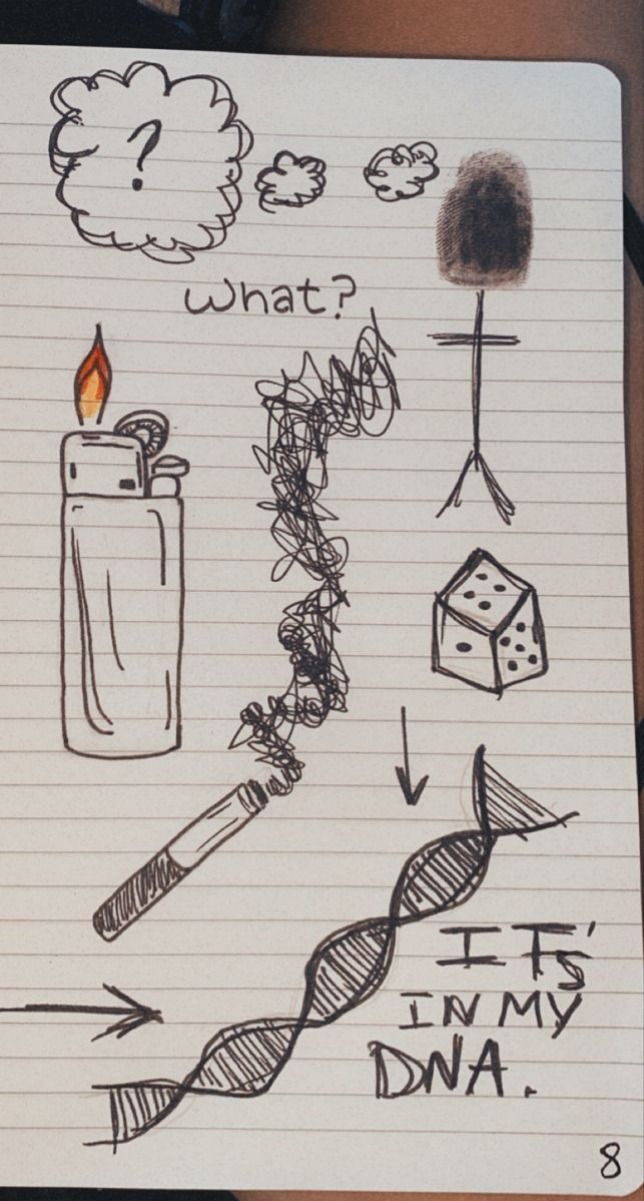 the image shows a notebook page filled with various doodles and drawings.  there's a question mark inside a cloud, suggesting uncertainty. a lighter with a flame is depicted, alongside a cigarette and a trail of smoke drawn as abstract swirls.  a simple treelike figure with a cross is present. a die is also drawn.  the most prominent feature is a dna double helix with an arrow pointing to it and the handwritten phrase "it's in my dna."  the overall style is loose and expressive, characteristic of a personal sketch. the numbering "8" in the lower right corner suggests page numbering within a notebook.