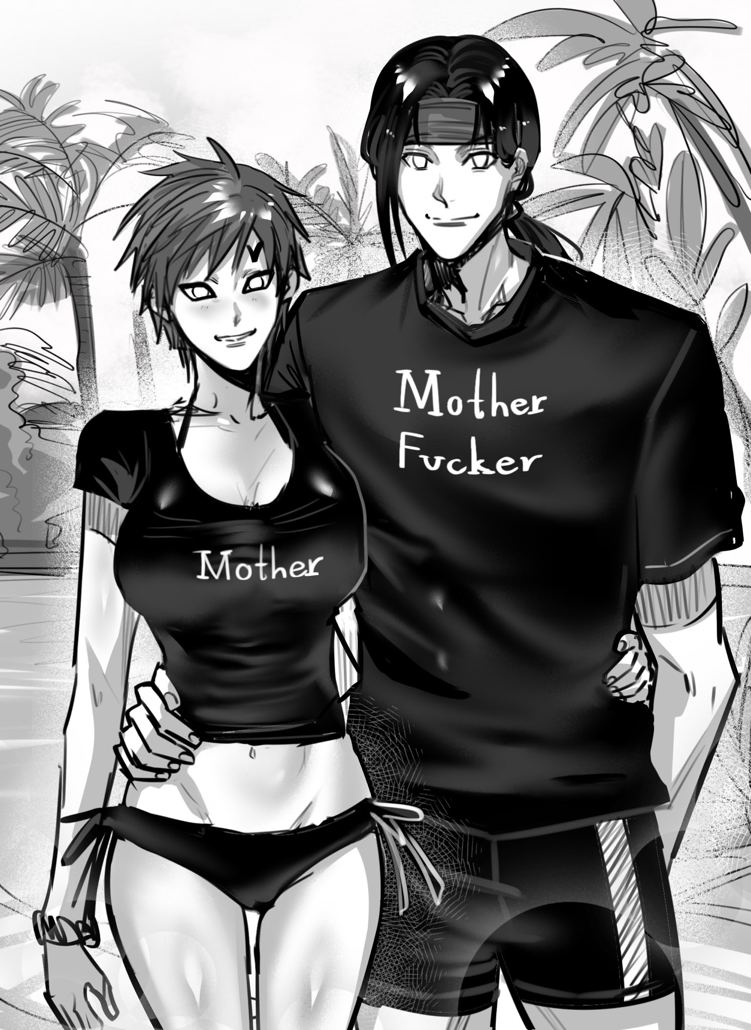 a monochrome mangastyle illustration depicts a couple on a beach. the man and woman are dressed in beach attire; the woman in a bikini and the man in a tshirt and shorts.  the man's tshirt features the offensive phrase "mother fucker," while the woman's top says "mother." they are embracing, showcasing a romantic and intimate scene set against the backdrop of palm trees and a seaside environment. the art style is reminiscent of anime and manga, with bold lines and shading creating a dramatic effect. the overall tone of the image is suggestive and somewhat provocative due to both the couple's pose and the text on their clothing.