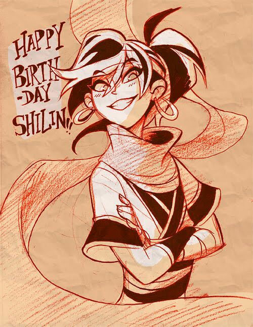 a birthday card for a woman named "shilin." the card is sketched in red and shows a woman smiling with her arms crossed. the card is made on brown paper.