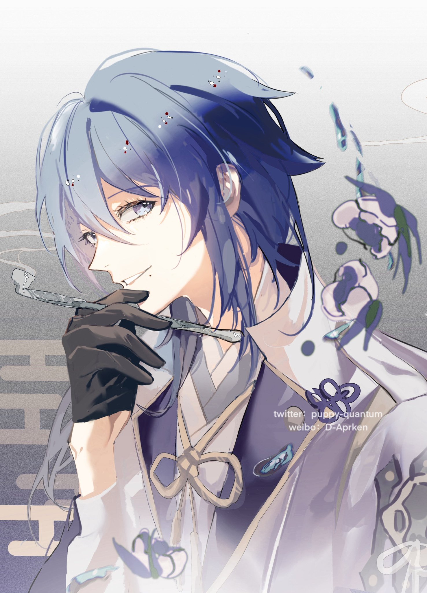 this is an animestyle illustration of a young man with blue hair and blue eyes. he is wearing a white, purple, and gold traditional chinesestyle outfit. he is holding a pipe in his right hand, and his left hand is holding the pipe. he is smiling slightly. the background is a blur of white and blue, with flowers and petals falling. the overall atmosphere of the image is elegant and cool. the title, "puppyquantum" and "daprken" can be found at the bottom right of the image.