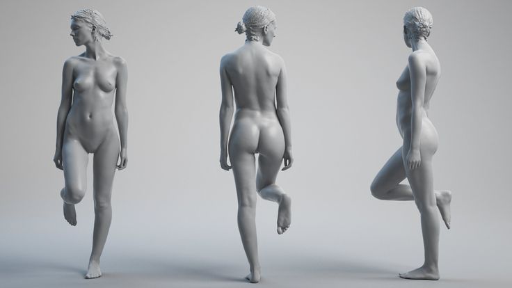 the image shows a 3d model of a nude female figure in three different angles  front view, back view, and side view. the model is posed with one leg slightly raised and is set against a plain gray background. the lighting is soft and diffused, highlighting the contours of the body. this type of image is often used as a reference for artists.