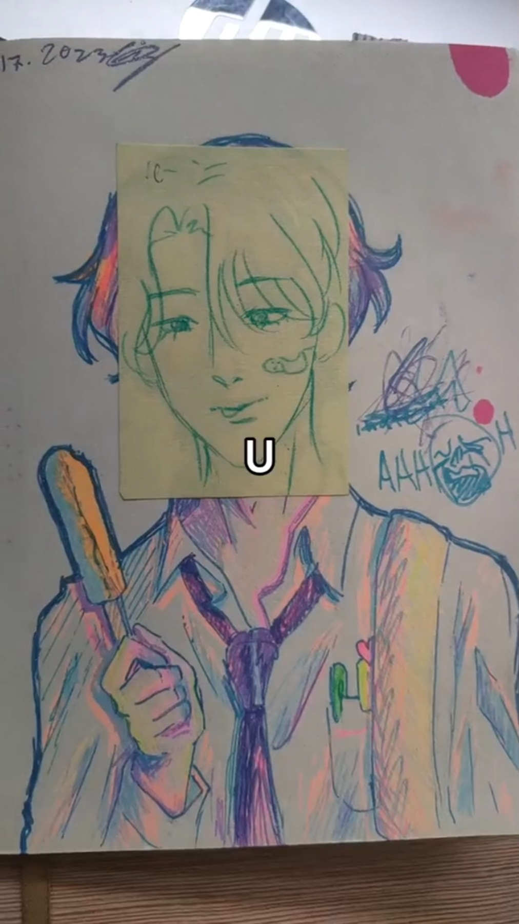 a colorful drawing of an anime boy in a school uniform, holding a popsicle. he is wearing a white shirt and blue tie, with colorful doodles around him. the boy has a scared or worried expression on his face, with his eyes closed and a slight frown.  the drawing is done in a bright and vibrant style with a lot of colorful details, and is likely a doodle or a sketch created by a fan.