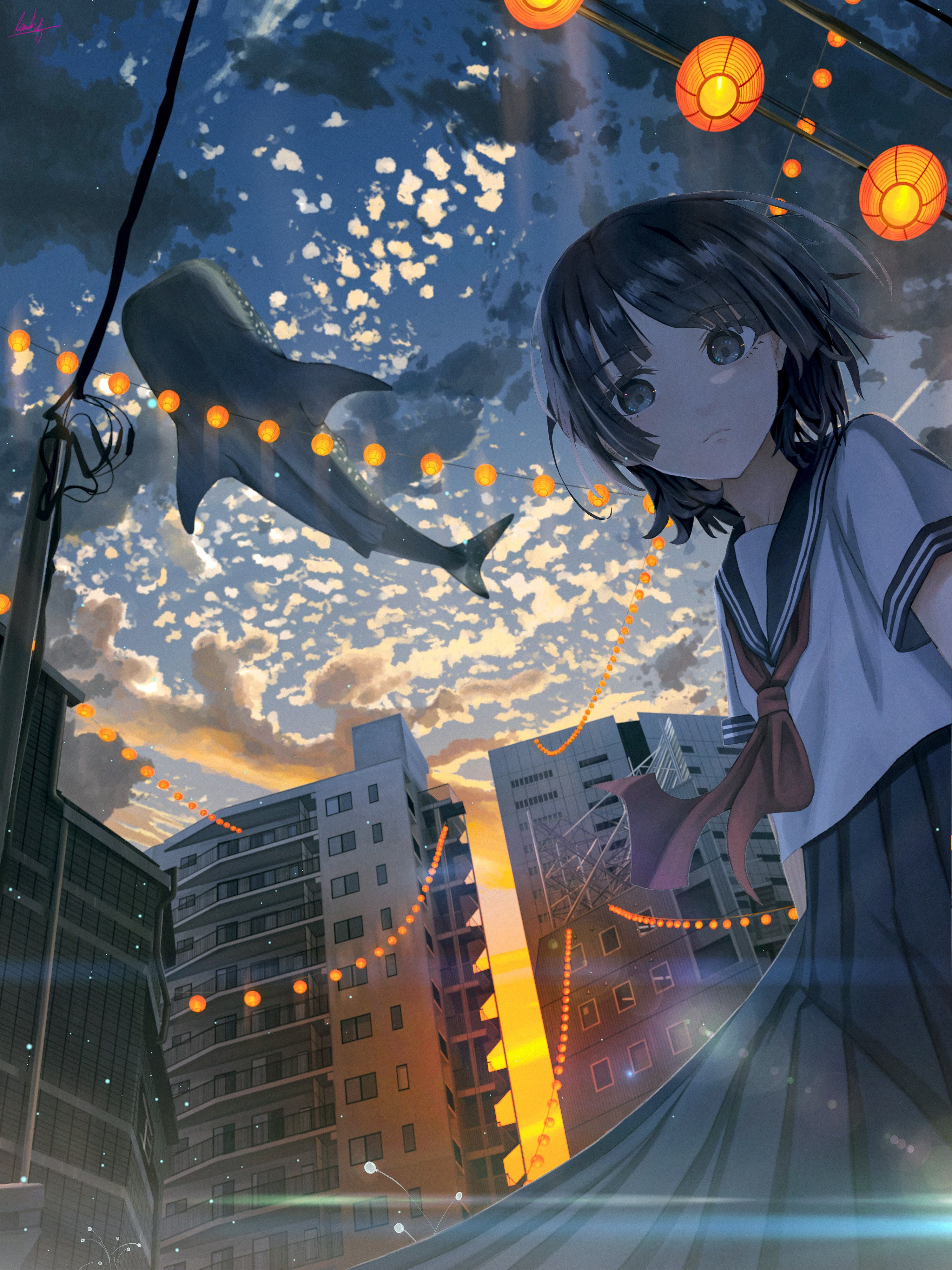 the image is a digital illustration in an anime style.  it features a young girl wearing a sailor school uniform, her expression somewhat melancholic. she is positioned in a lowangle perspective, looking downward towards the viewer.  the backdrop is a vibrant cityscape at sunset, with buildings illuminated by the warm light.  a large whale shark is depicted swimming in the sky amidst fluffy clouds, with strings of japanesestyle lanterns connecting across the scene, adding to the fantastical and whimsical atmosphere.  the overall mood is a blend of peaceful beauty and subtle melancholy, enhanced by the color palette and the girl's expression.