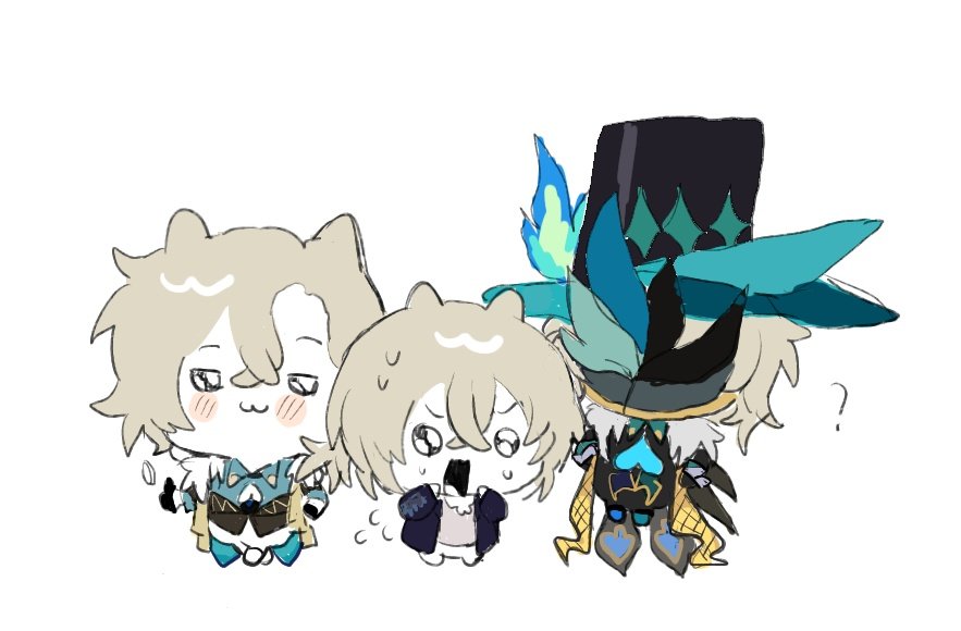 a digital drawing of three anime characters in chibi style. the characters are wearing costumes that appear to be related to a playing card theme. one of the characters is wearing a suit with a heart on it. the characters are all facing the front and have a cute and surprised expression. the character in the background on the left is wearing a costume with a spade on it and the one in the background on the right is wearing a costume with a diamond on it. the characters are all drawn in a cute and simple style. the art style is similar to how fan artists draw characters from a popular anime or video game.