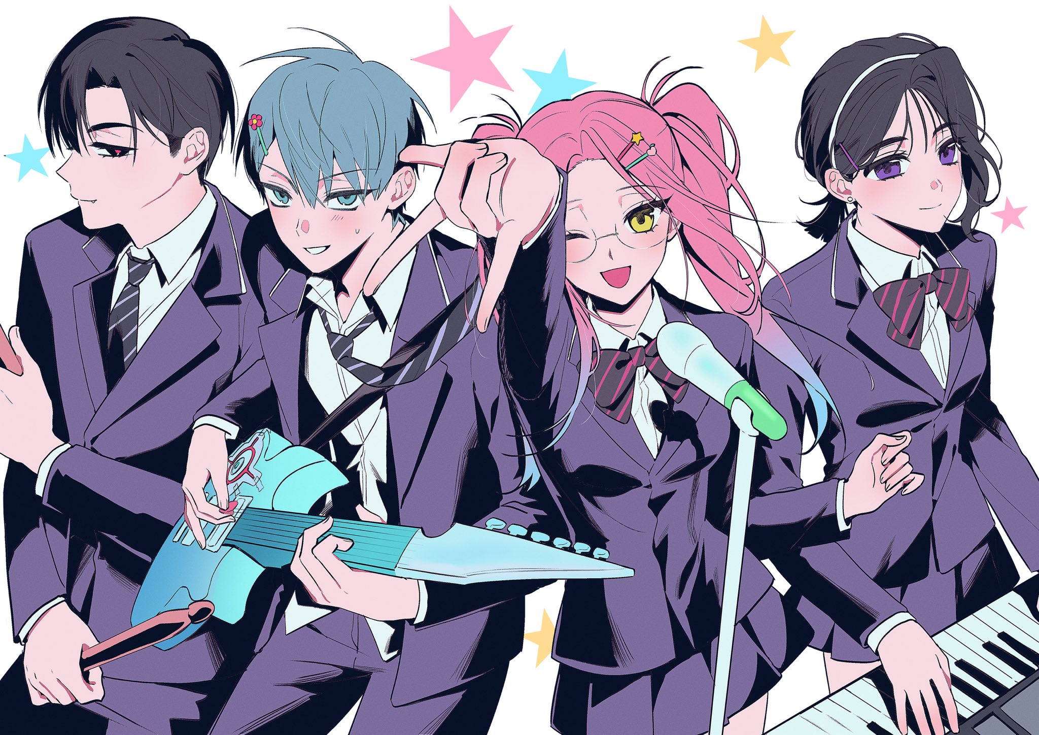 this is a digital illustration of a fourmember school band performing on stage. the band consists of two girls and two boys. the girl on the left is the vocalist, holding a microphone and wearing a pink wig. the boy next to her is the lead guitarist.  he's holding an electric guitar and wearing a blue wig. on the right side is the keyboardist, a girl with black hair, playing a keyboard. lastly, the boy on the far left is playing the drums. he's wearing a black wig. all members of the band are wearing school uniforms with a purple blazer. the art is drawn with a cartoonish style and colorful background.