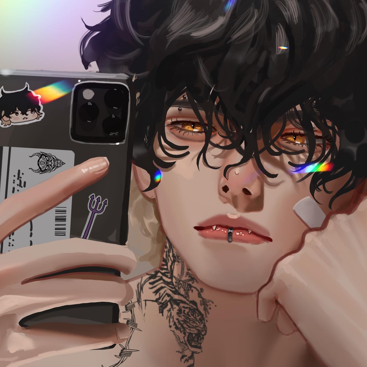 the image is a digital illustration or painting of a young animestyle boy taking a selfie. he has dark, curly hair covering his forehead, yellow eyes, and multiple piercings including a lip piercing. he's sporting several tattoos, notably a tiger design on his neck and barbed wire around his collarbone. he holds a smartphone with a decorated case featuring stickers. the overall aesthetic is edgy and alternative, with a focus on detail in the character's features and tattoos. a rainbowlike effect is visible on his hair and phone case, adding a touch of vibrancy. the background is blurred and muted, drawing attention to the character in the foreground.