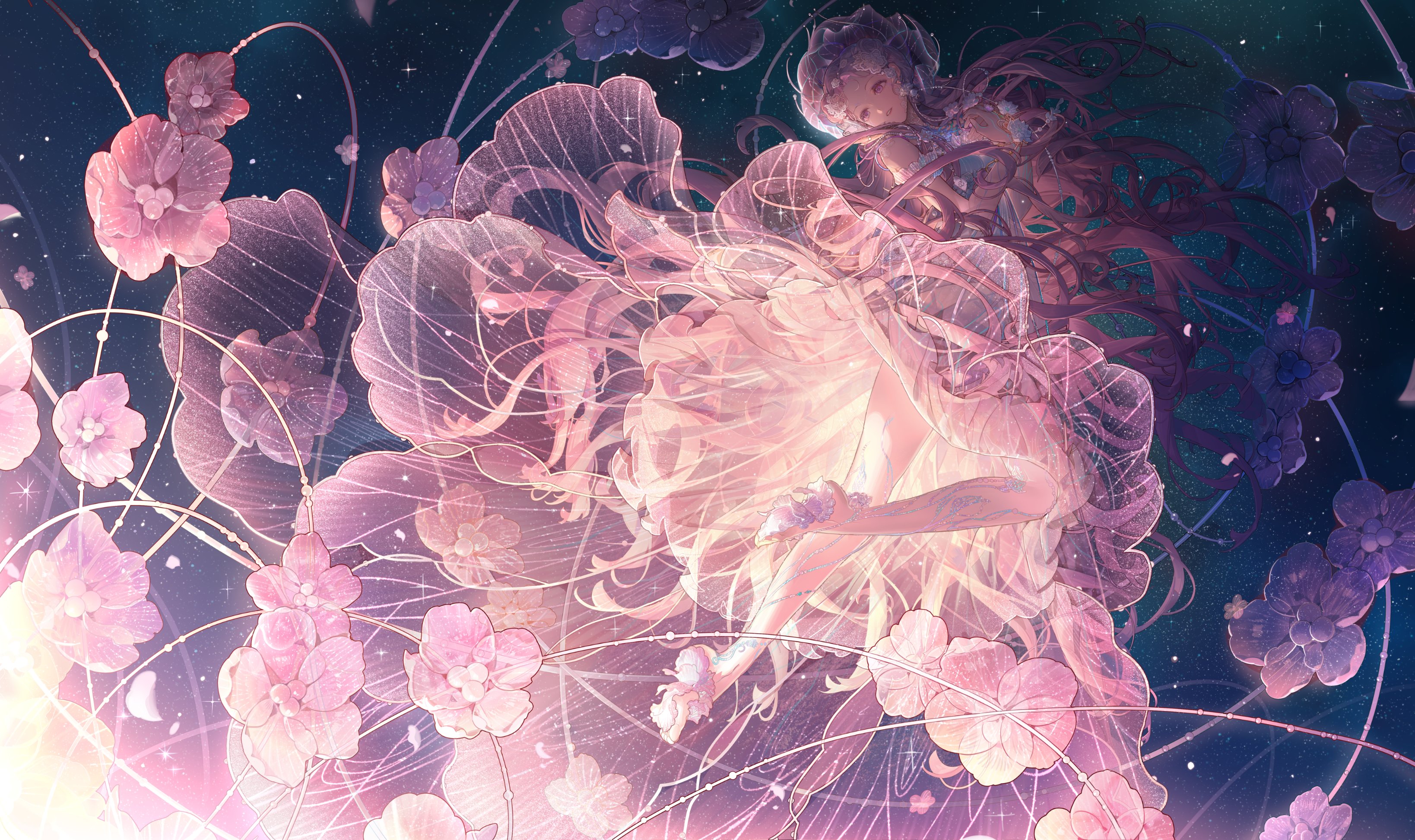 the image is a digital painting of an anime girl floating in space amidst a field of pink and purple flowers. the girl is wearing a long, flowing pink dress and has long, flowing pink and purple hair. the scene is ethereal and dreamy, with a soft, glowing light. the background is a dark purple space with stars. the overall style is soft, dreamy, and romantic.