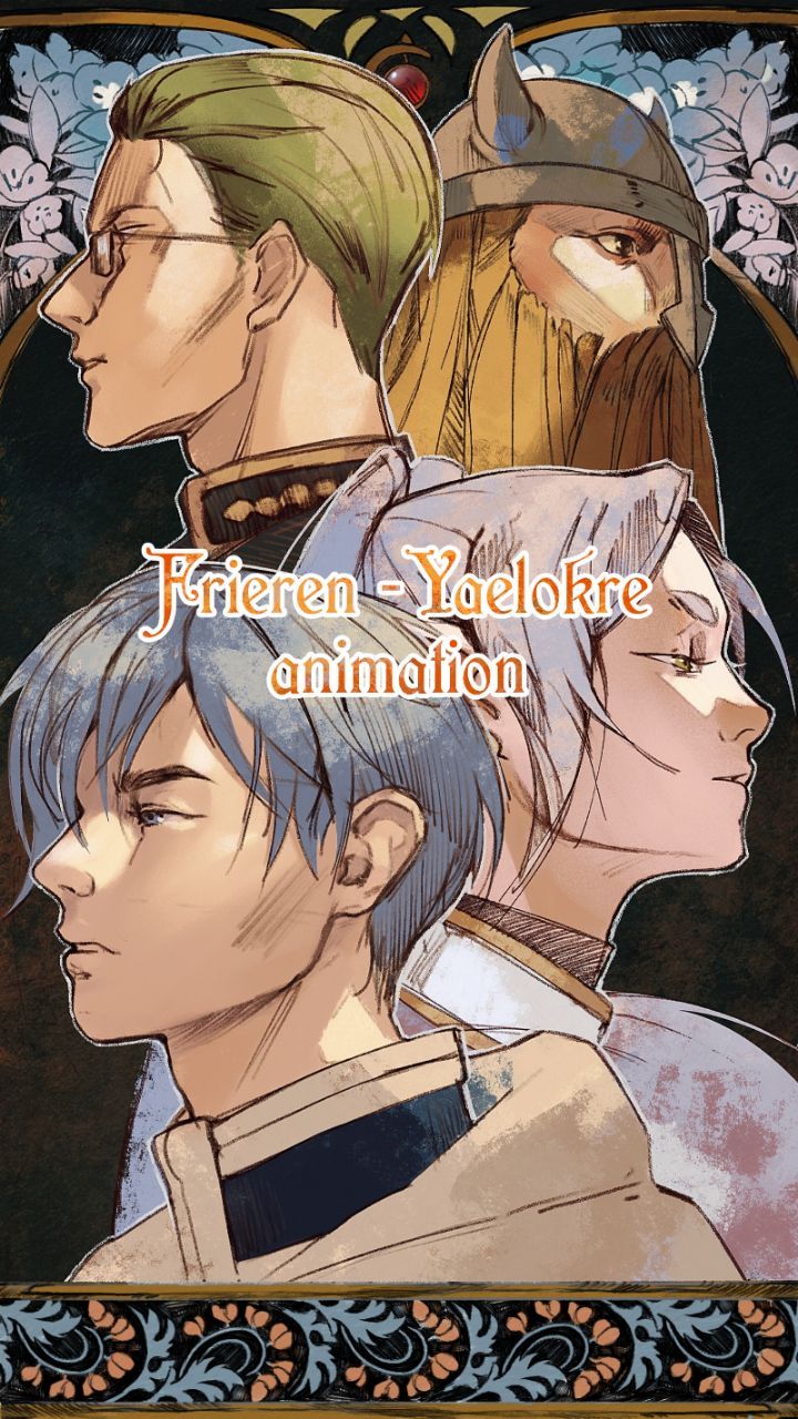 the image is a stylized artwork or illustration likely promotional material for an animation project titled "frieren  yaelokre animation". it features three characters in profile view arranged against a dark background framed by an ornate art nouveau style border.the characters appear to be from a fantasy or historical setting. one character is a man with short, green hair and glasses, dressed in what seems to be military or official attire.  another is a man with a long blond beard and a vikingstyle helmet. the third is a woman with gray hair, styled elegantly. they seem to be portrayed in a serious or pensive mood. the artistic style is painterly, employing soft lines and muted colors to create a somewhat melancholic atmosphere. the overall aesthetic is elegant and sophisticated.