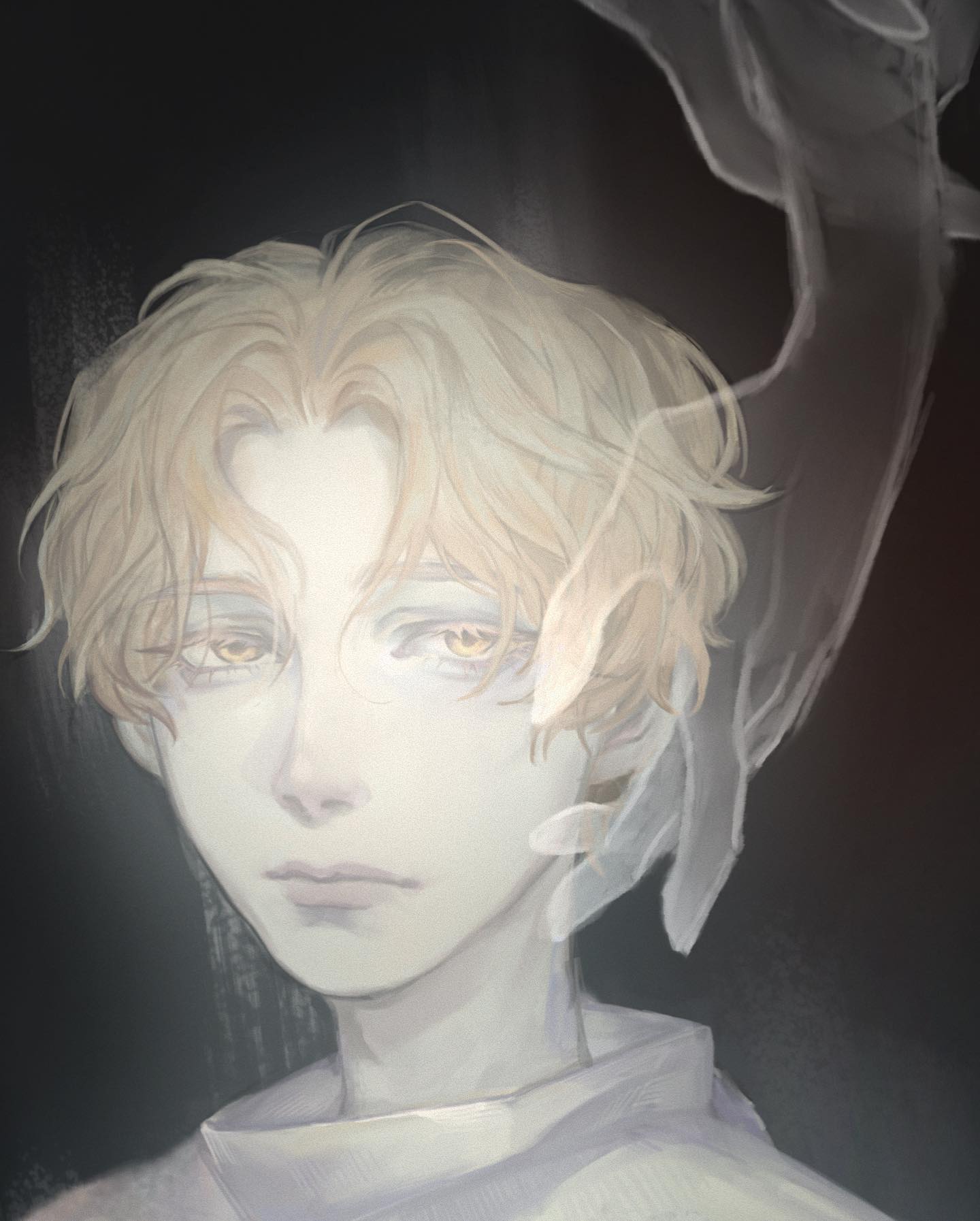 the image is a digital painting or illustration of a young animestyle boy with pale skin and blond hair. he has a soft, gentle, and somewhat pensive expression.  the style is ethereal and dreamy, with translucent, ghostly hands appearing to interact with him, adding to the mysterious and otherworldly atmosphere. the overall color palette is very light and muted, focusing on soft whites, creams, and pale yellows, enhancing the overall sense of delicacy and serenity. the background is dark, creating a stark contrast with the light figure of the boy.