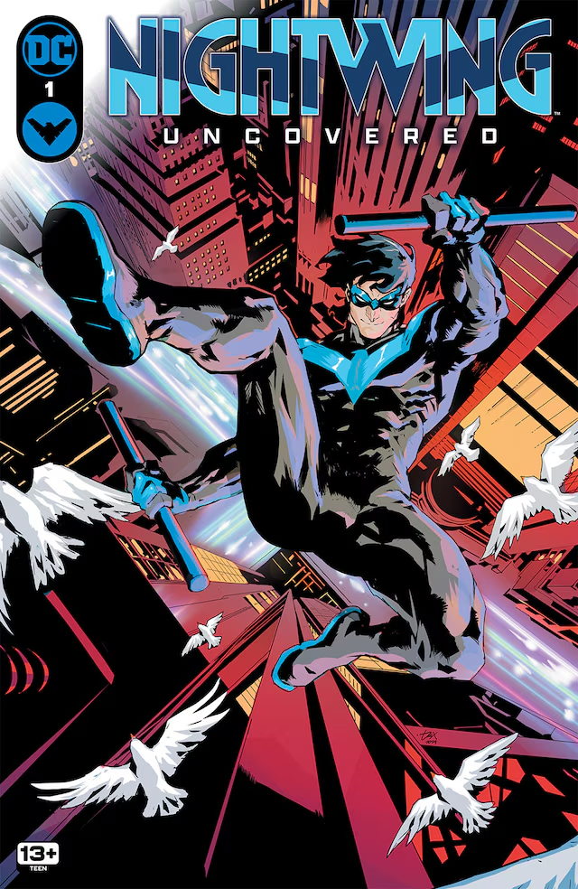 this dynamic comic book cover features nightwing, clad in his signature blue and black suit, leaping through a neonlit cityscape. he brandishes his escrima sticks against a backdrop of skyscrapers and a vibrant night sky. white doves, a symbol often associated with the character, flutter around him, adding to the sense of action and movement. the low angle perspective emphasizes nightwing's heroic pose and the imposing scale of the city. the overall color scheme is dark and atmospheric, with splashes of blue and red for contrast.