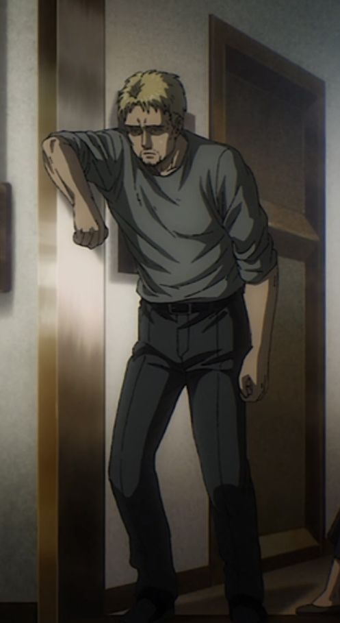 the image features a man with short blonde hair and glasses, wearing a gray shirt and black pants. he leans against a wall with a dejected expression, his head downcast and his posture slumping. the setting appears to be a dimly lit interior, with muted colors and a somber atmosphere.  the image conveys a sense of sadness and defeat.