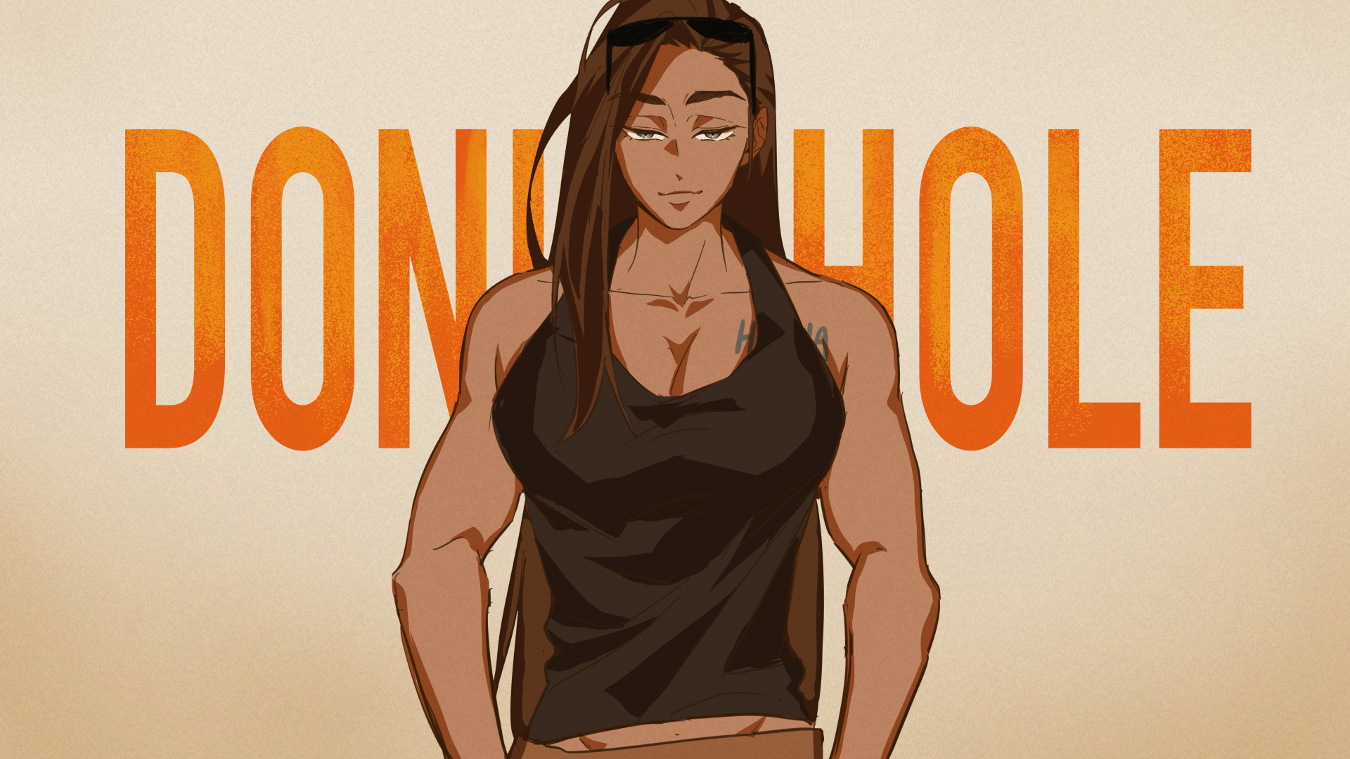 a digital illustration of a woman with muscular arms, a black tank top, and sunglasses. she