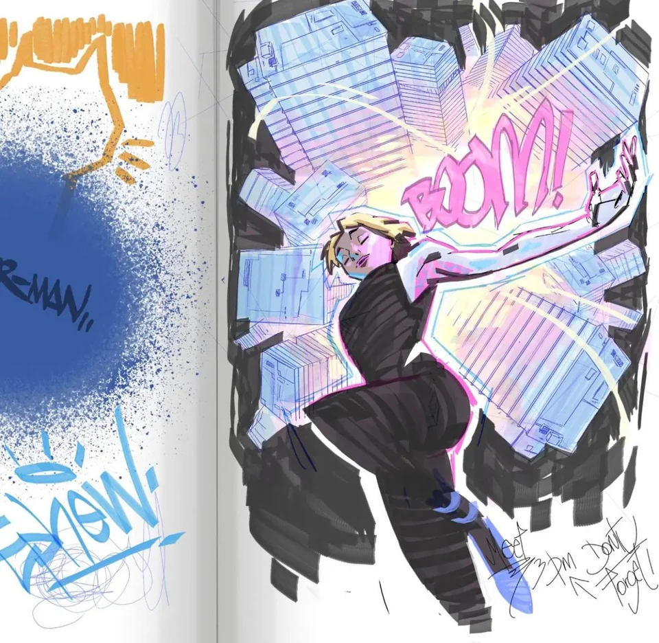 a vibrant illustration of a woman in a dynamic pose, seemingly in midair, with a "boom!" sound effect behind her and a city skyline in the background. the art style is reminiscent of a comic book, with bold lines, vibrant colors, and a sense of energy and movement. the perspective gives the impression that the woman is launching herself upwards with great force. the overall image conveys a sense of power and action.