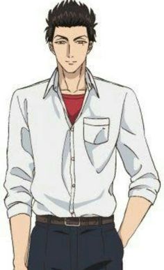 an anime man with short brown hair and brown eyes is standing. he is wearing a white, buttondown shirt with the top button undone; the sleeves are rolled up to his elbow. his pants are dark gray, and he has a black belt. his right hand is in his pocket, while his left hand is at his side.