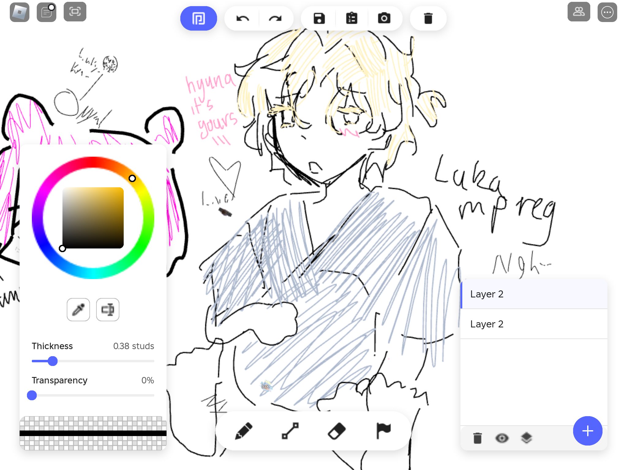 he image shows a digital drawing on what appears to be an online whiteboard or drawing program. the main focus is a roughly sketched character, possibly anime or mangainspired, with blonde hair, depicted in a loose, gestural style.  the drawing includes text, including the phrase "luka mpreg," and some seemingly affectionate or playful annotations. there's also a partially drawn cartoon bearlike figure and a color palette and tool options visible on the left, indicating the use of a digital drawing application with layers. the overall style is casual and expressive, suggesting a quick sketch or doodle rather than a finished piece of art.