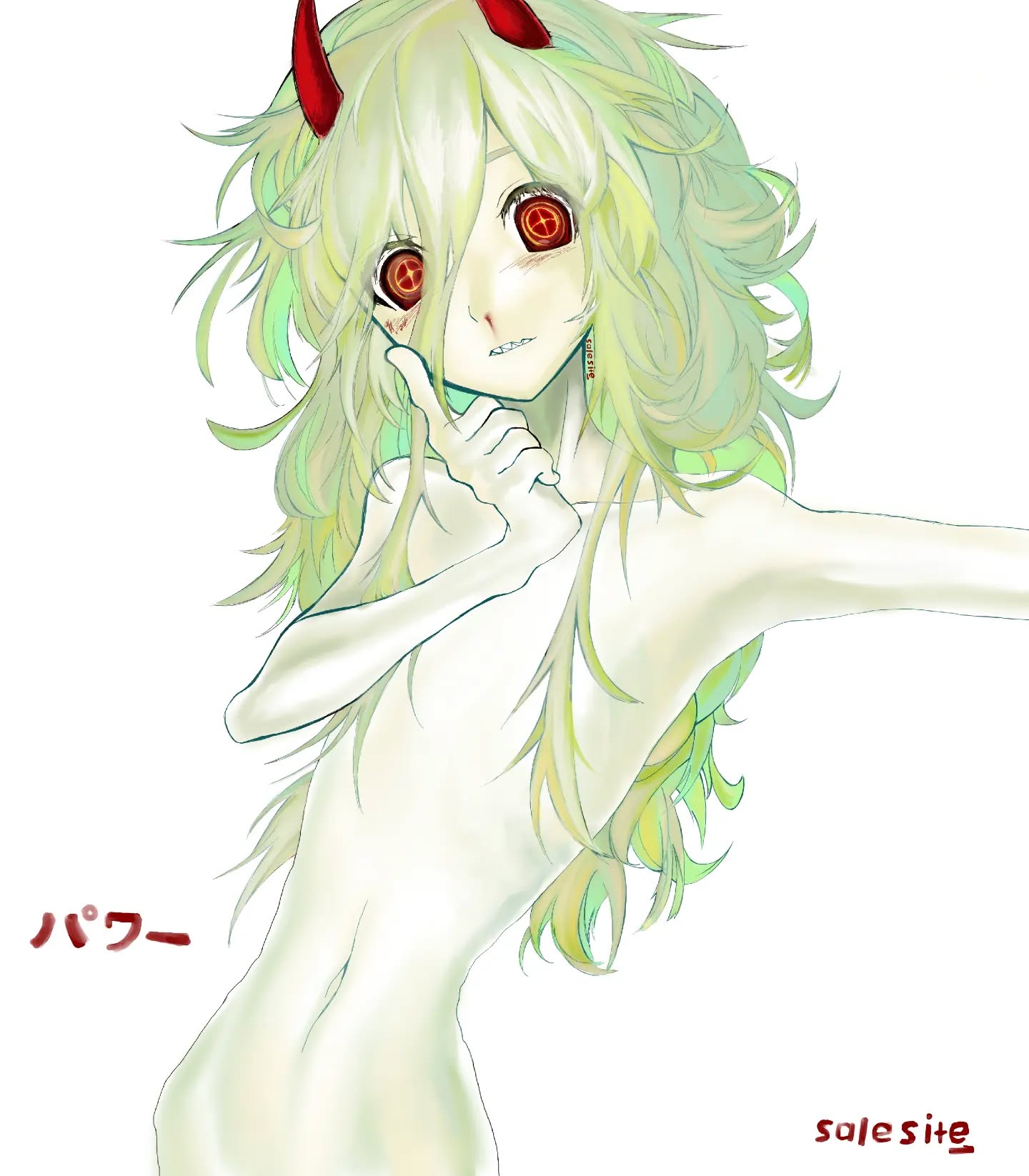 the image shows a digital drawing of an animestyle girl. she has pale skin, long green hair, and red horns on her head. her eyes are red with a crosslike pattern.  she has what appear to be small scars on her face.  her body is thin and slender. she is posing with her hand near her face, almost like a thumbsup gesture. the background is white. the artist's signature, "salesite_", is visible in the bottom right corner. japanese text is visible in the bottom left corner.