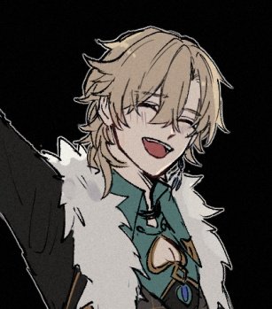 this is a digital illustration of a young anime boy with blonde hair and green eyes smiling. he's wearing a dark green top with a white fur collar and accessories like an earring and a necklace. he's looking to the right. the background is black.