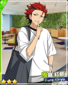 the image features an animestyle illustration of a young man with vibrant red hair and a mischievous grin. he's dressed in a stylish ensemble, consisting of a white tshirt layered over a black longsleeved shirt. a black tote bag hangs casually over his shoulder, adding to his trendy appearance. the setting appears to be a brightly lit indoor space with a hint of an outdoor area visible in the background. his pose suggests a playful confidence, as if he's about to share a secret.