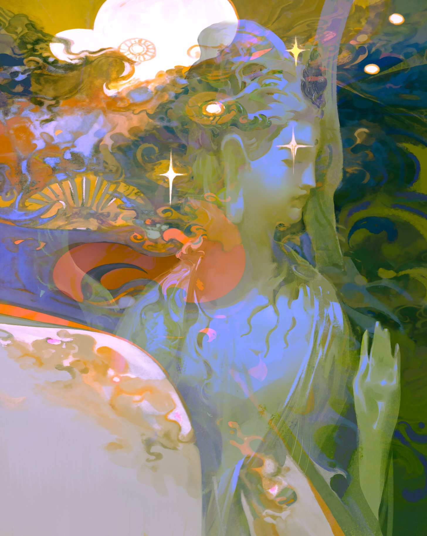 the image is a digital painting or artwork in a surreal and fantasy style. it depicts a figure, possibly a goddess or celestial being, with flowing, ethereal hair and features that appear both human and otherworldly.  the figure is rendered with soft, pastel colors in a style reminiscent of gouache or watercolors, with luminous highlights.  the background is abstract and swirling, featuring a moon or orb, stars, and flowing patterns that evoke a sense of movement and mystical energy.  the overall mood is dreamlike, spiritual, and feminine. the style is highly textured and layered with translucent overlays that create a sense of depth and movement.