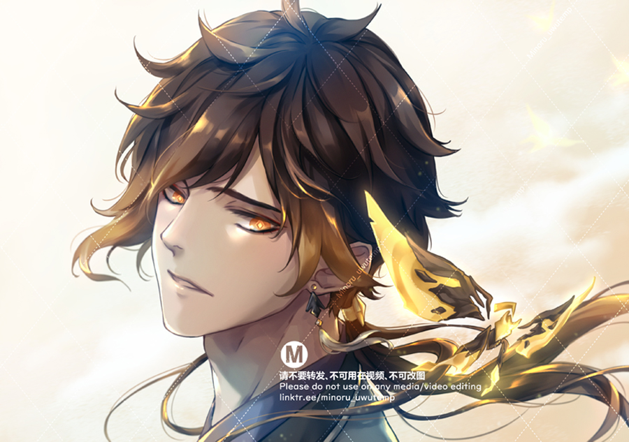 a portrait of an anime male character with long brown hair and golden eyes, wearing an earring and looking off to the side, the background is white and there are hints of a golden glow.